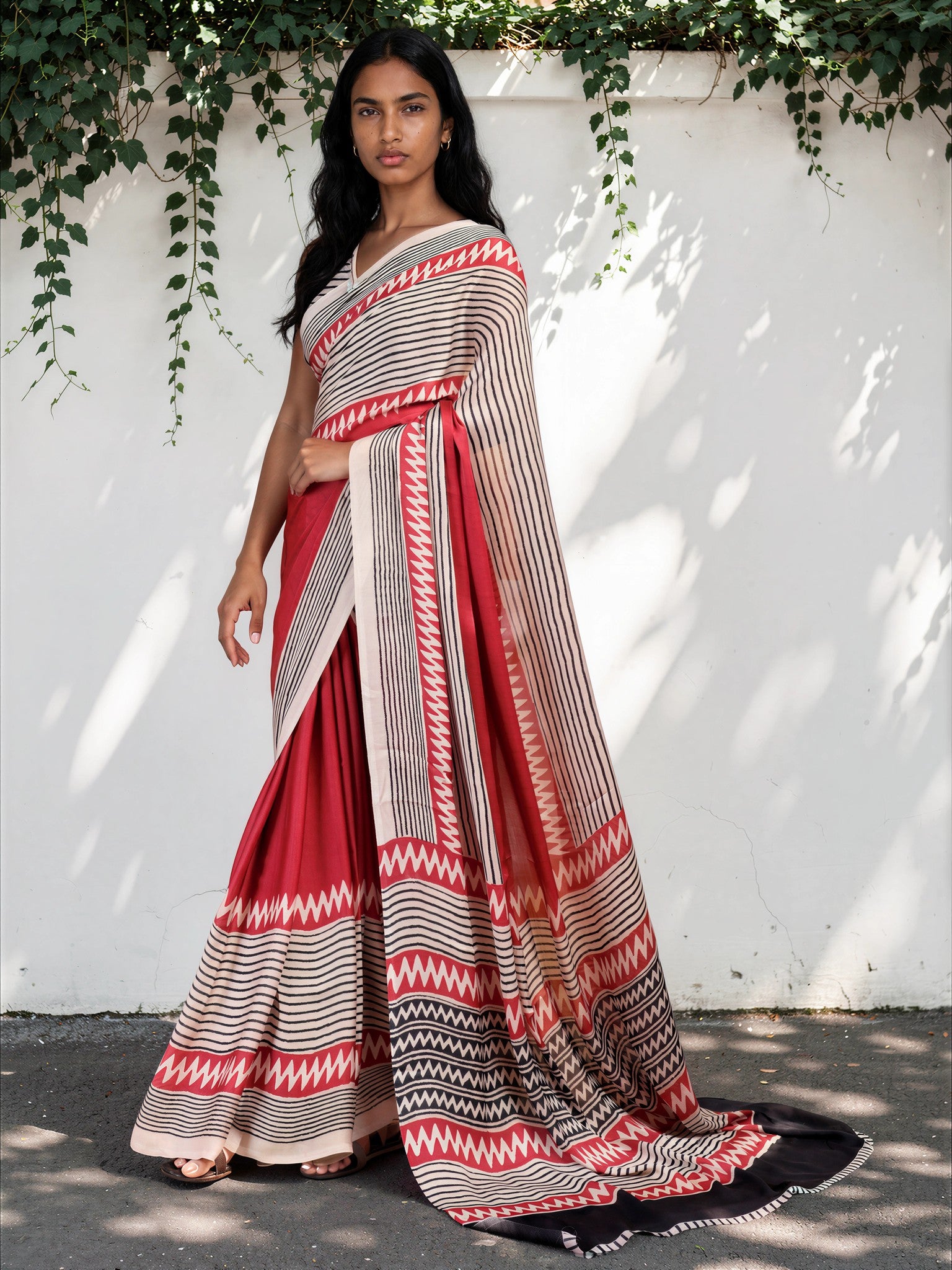 Ruby Red Ethnic Motif Satin Georgette Saree