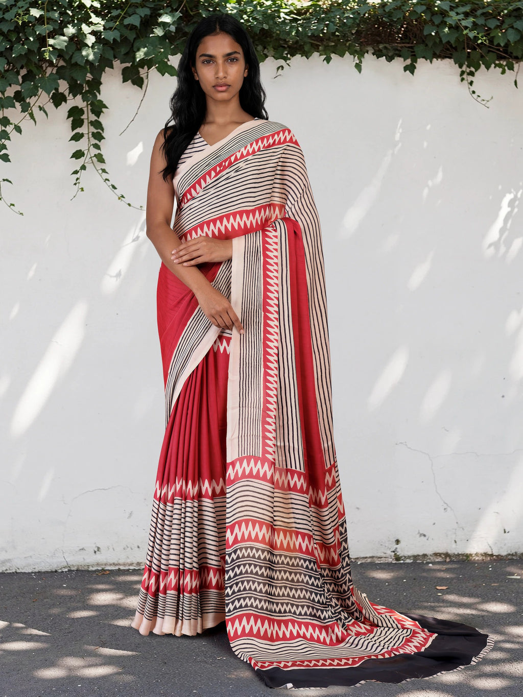 Ruby Red Ethnic Motif Satin Georgette Saree