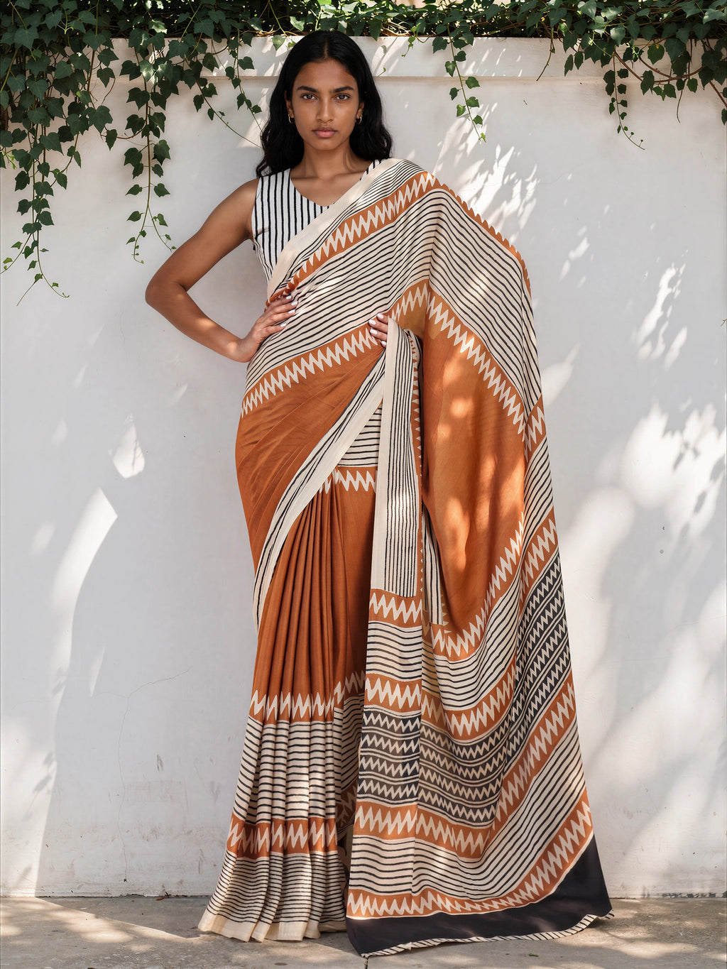 Dusty Brown Ethnic Motif Satin Georgette Saree
