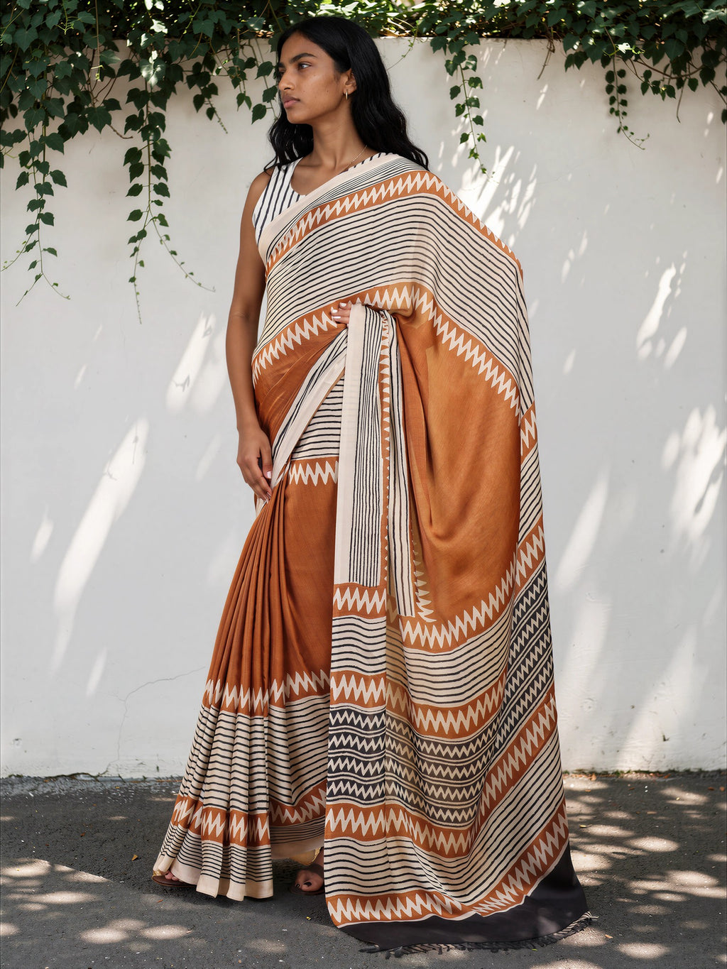 Dusty Brown Ethnic Motif Satin Georgette Saree