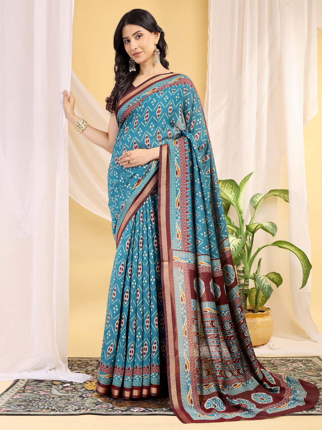 Chanderi Silk Ethnic Motif Turquoise Blue Saree