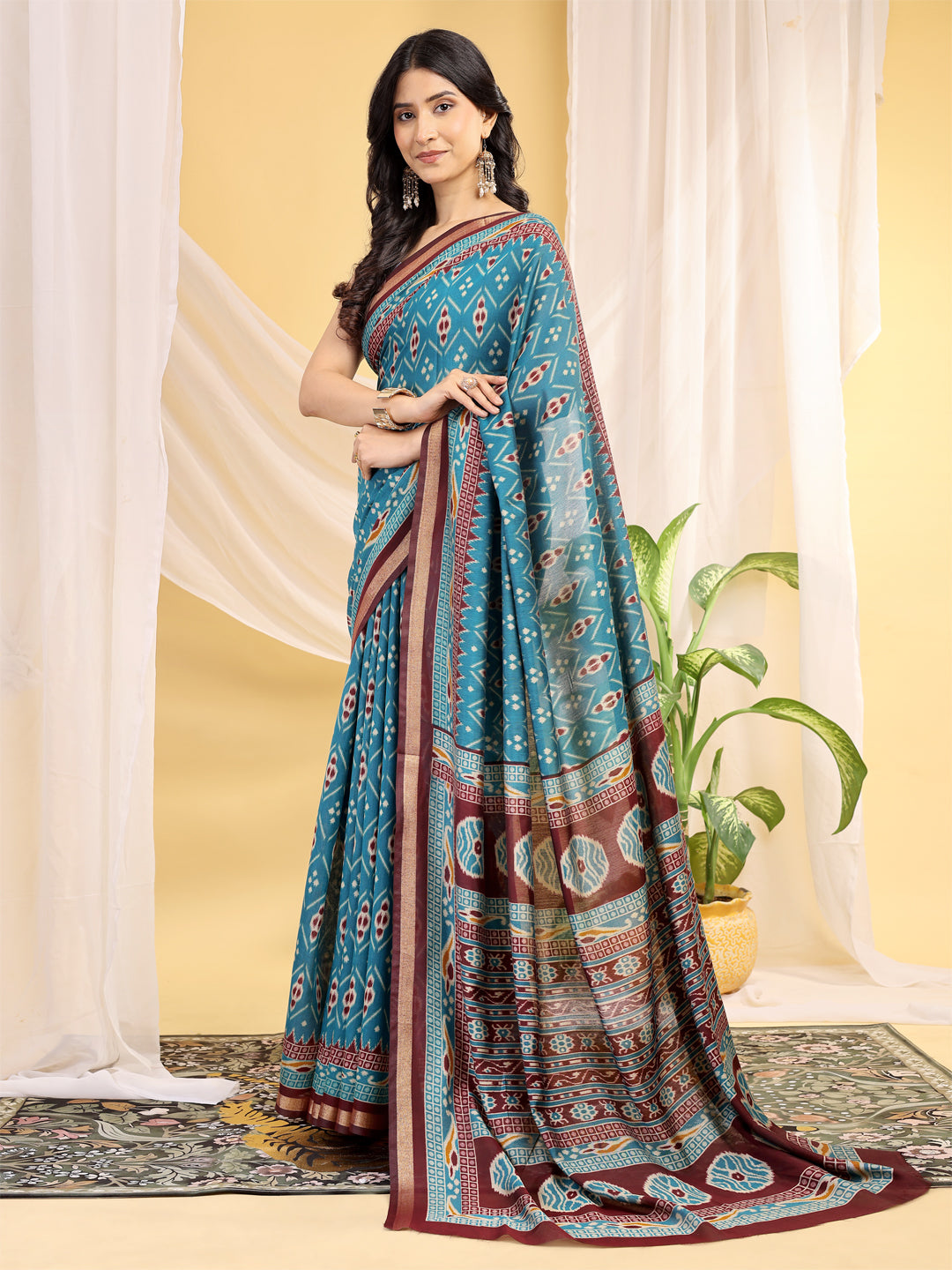 Chanderi Silk Ethnic Motif Turquoise Blue Saree