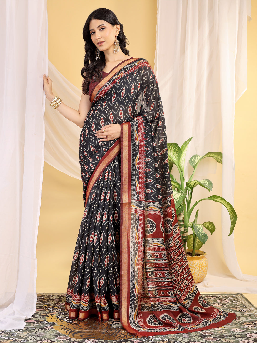 Chanderi Silk Ethnic Motif Charcoal Black Saree