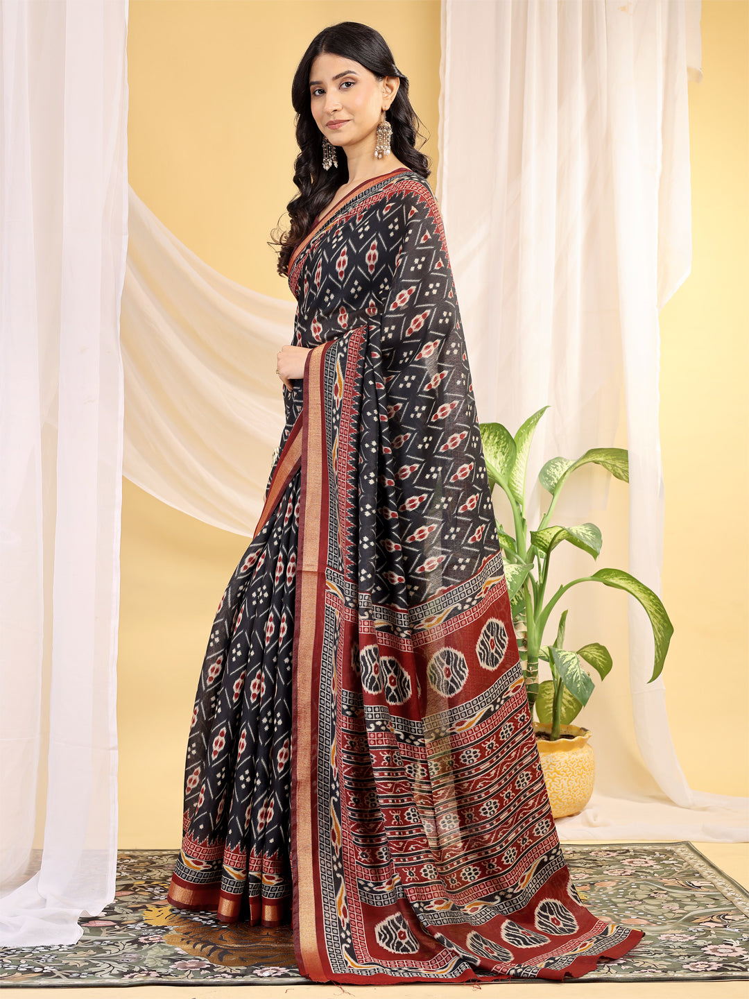 Chanderi Silk Ethnic Motif Charcoal Black Saree