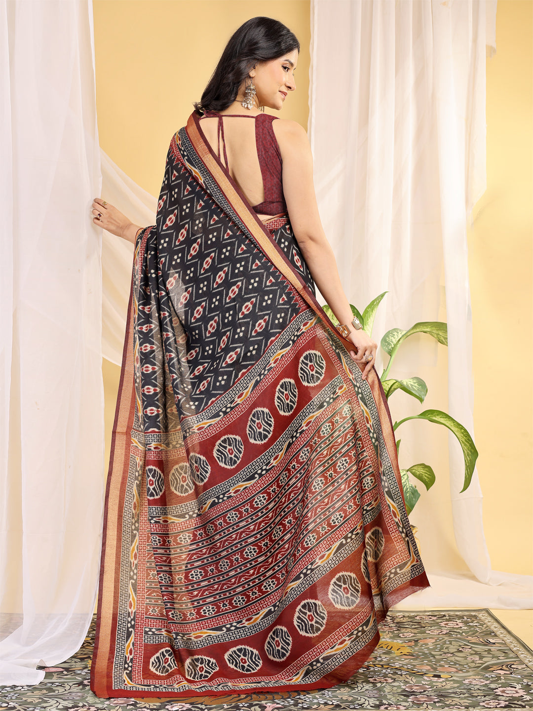 Chanderi Silk Ethnic Motif Charcoal Black Saree