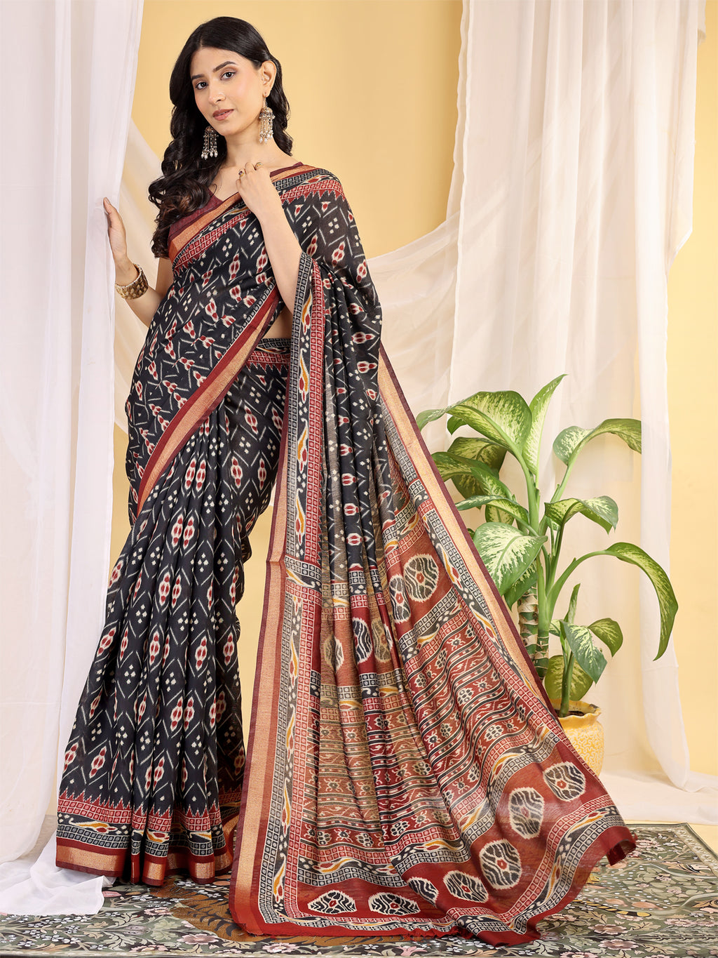 Chanderi Silk Ethnic Motif Charcoal Black Saree