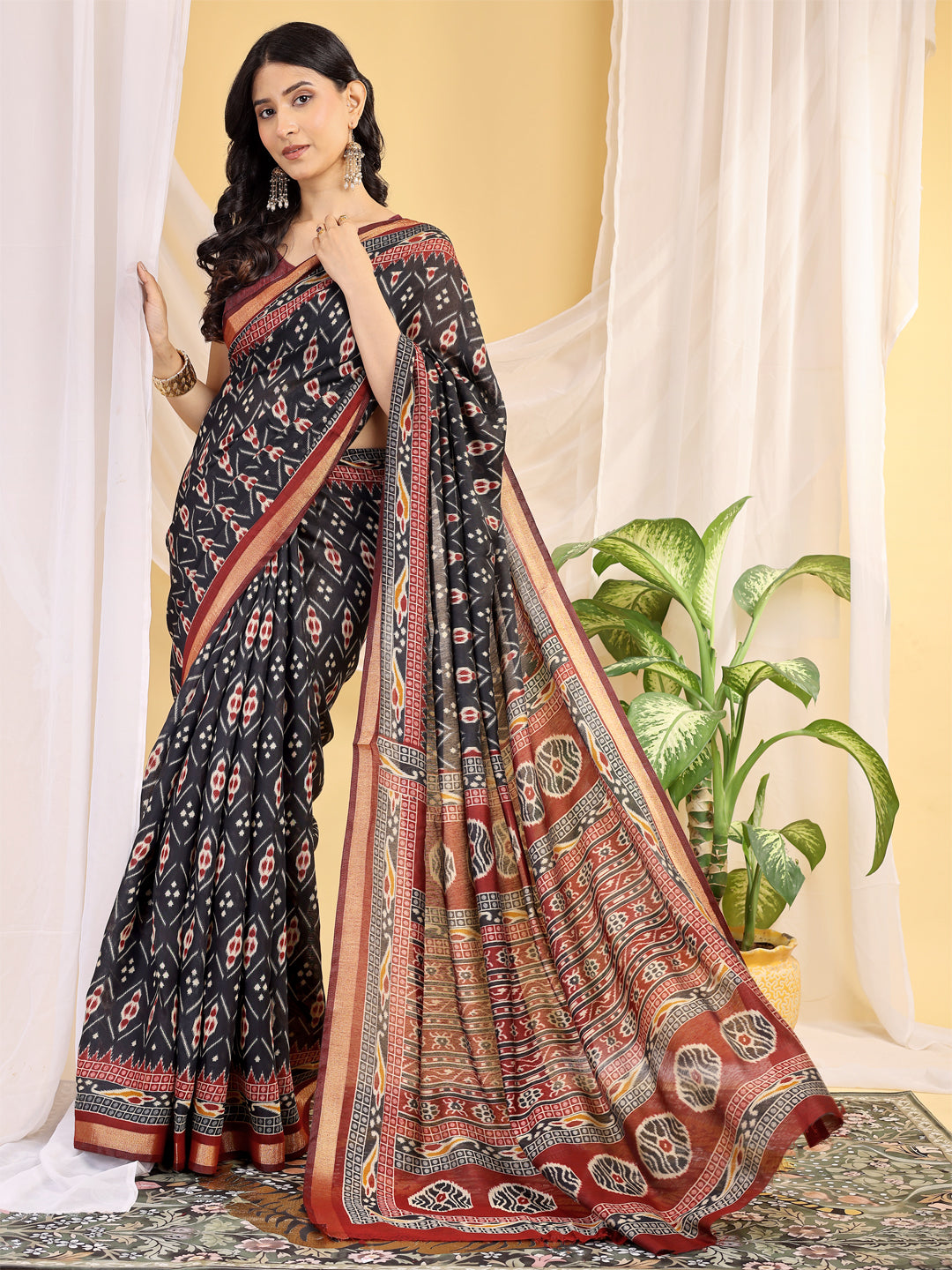 Chanderi Silk Ethnic Motif Charcoal Black Saree