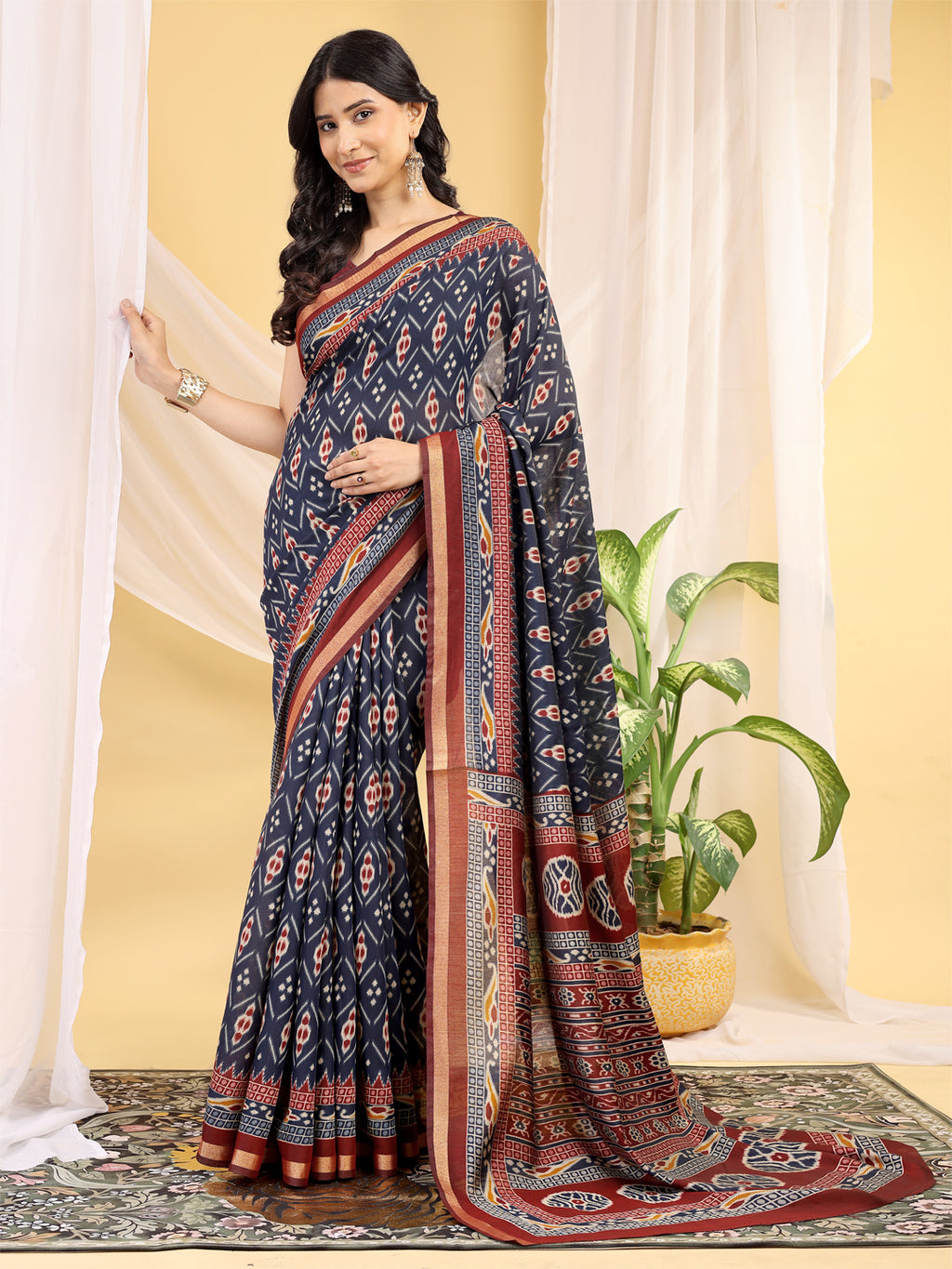 Chanderi Silk Ethnic Motif Midnight Navy Saree