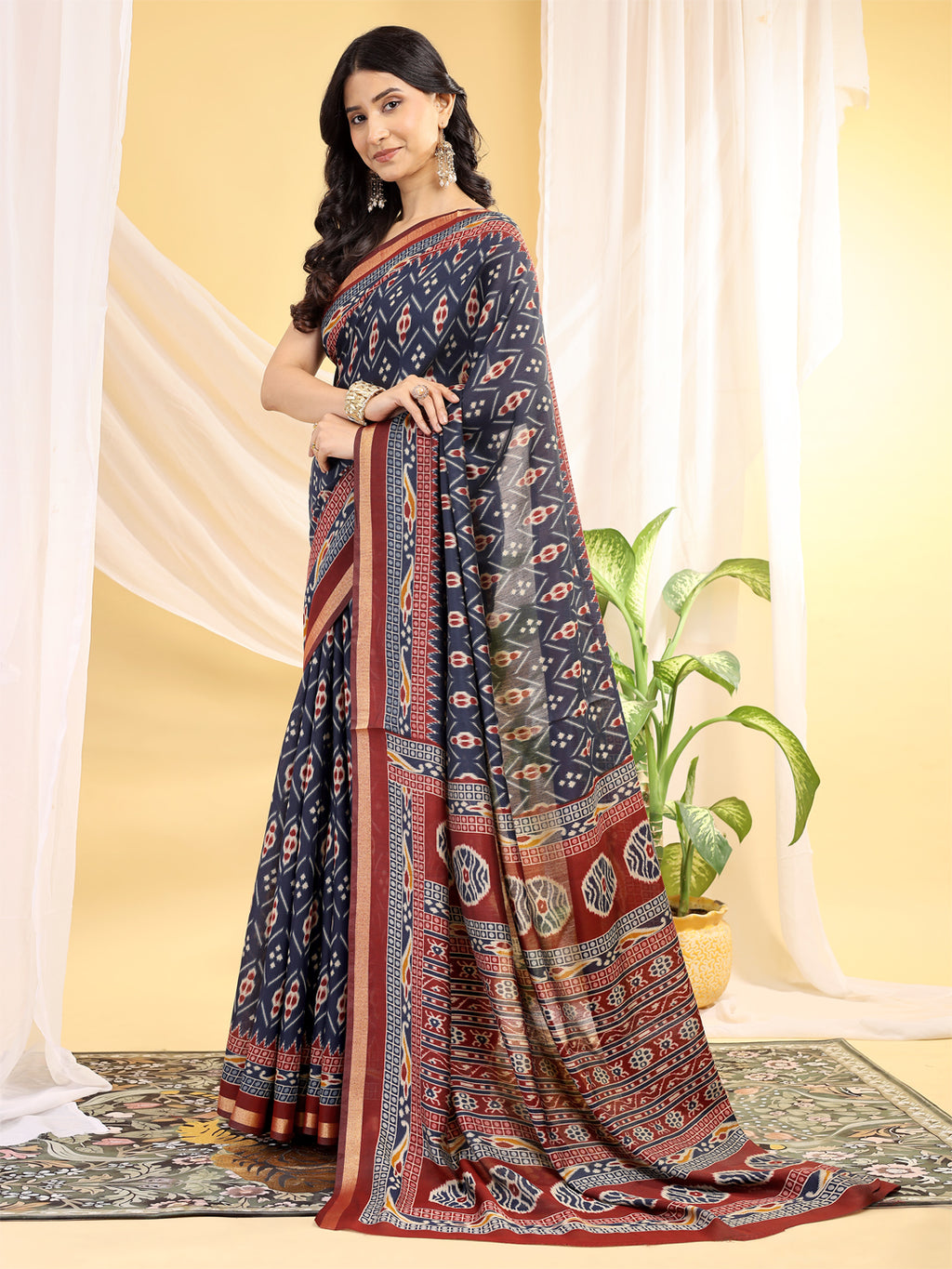 Chanderi Silk Ethnic Motif Midnight Navy Saree