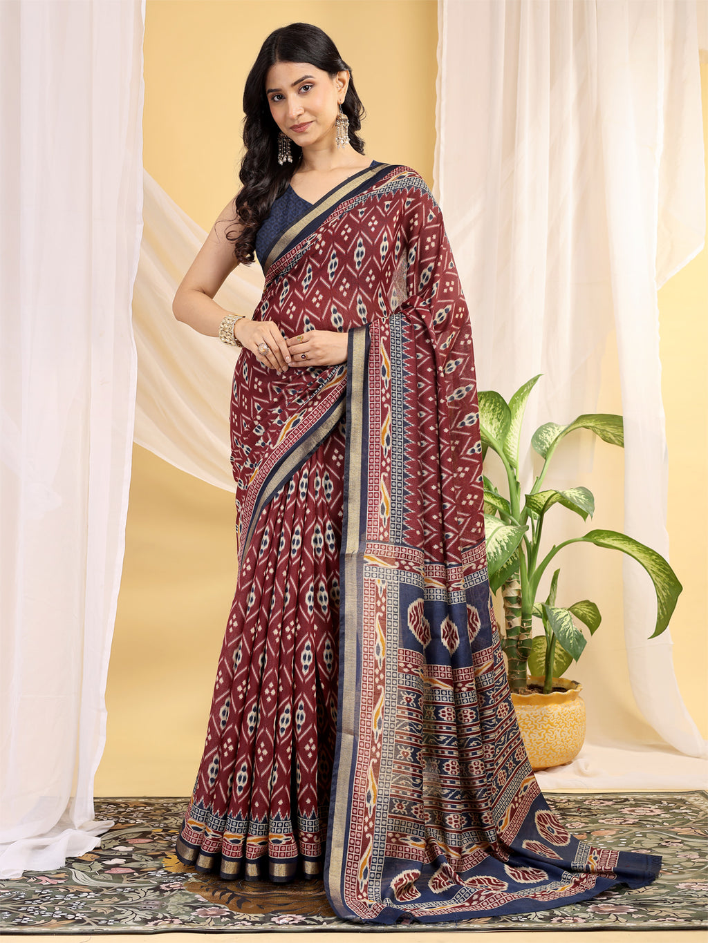 Chanderi Silk Ethnic Motif Wine Maroon Saree