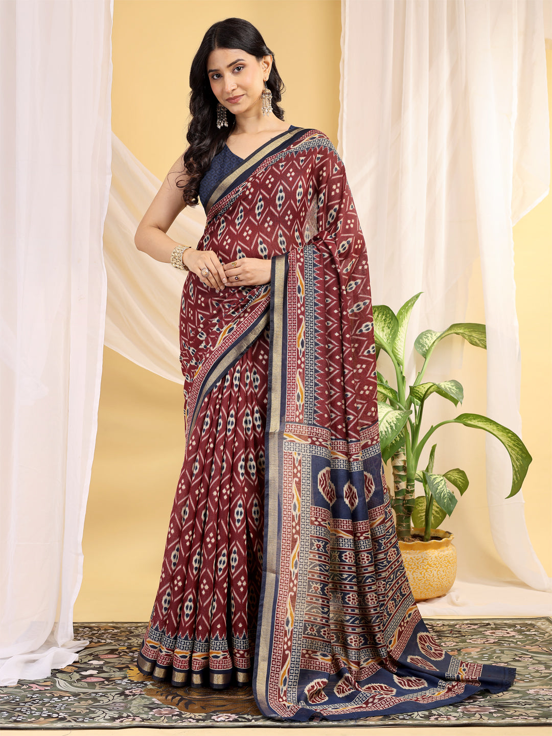 Chanderi Silk Ethnic Motif Wine Maroon Saree