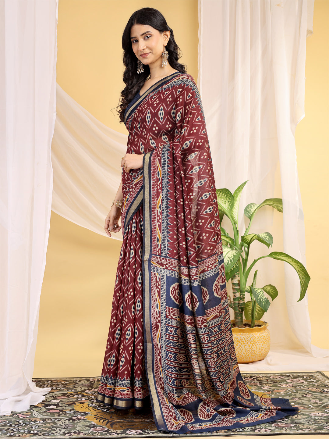 Chanderi Silk Ethnic Motif Wine Maroon Saree