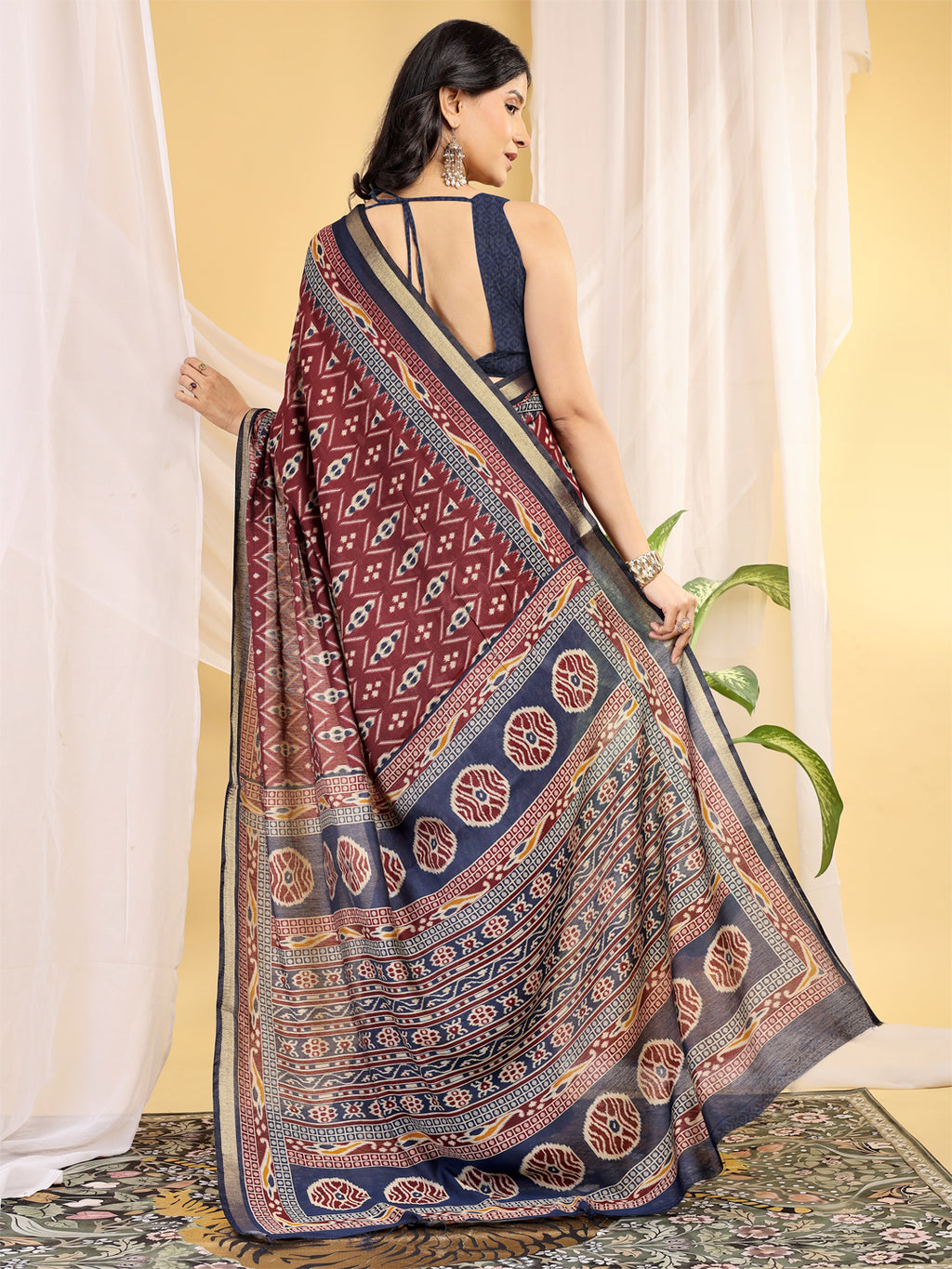 Chanderi Silk Ethnic Motif Wine Maroon Saree