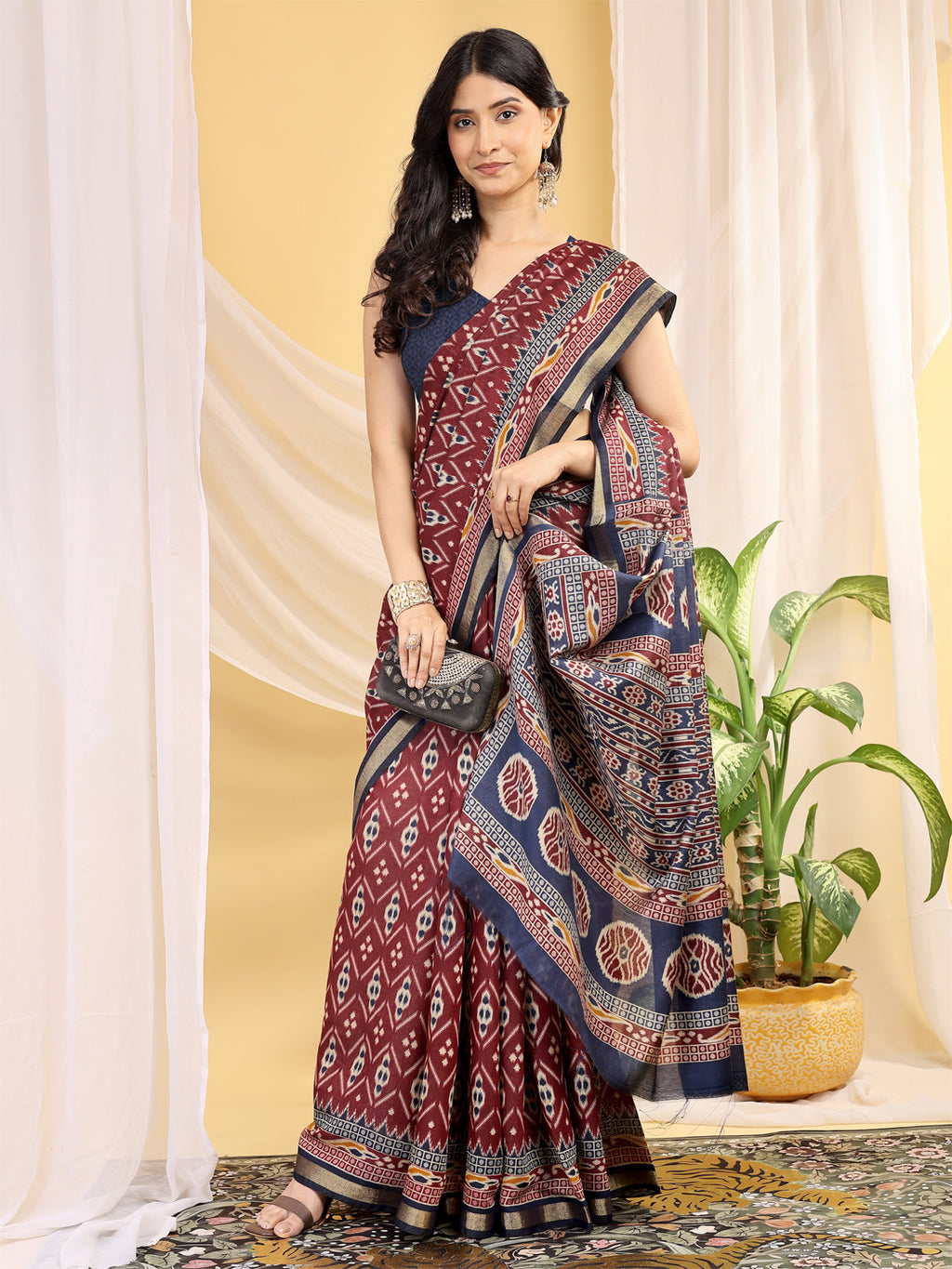 Chanderi Silk Ethnic Motif Wine Maroon Saree