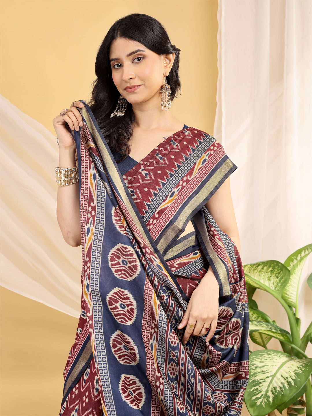 Chanderi Silk Ethnic Motif Wine Maroon Saree
