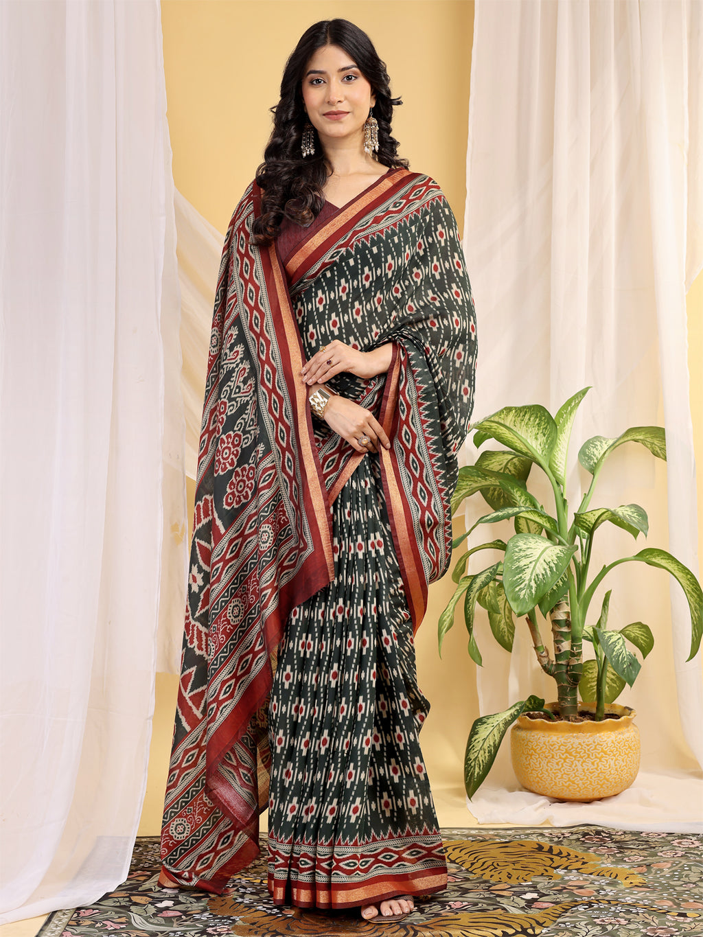 Chanderi Silk Ethnic Motif Deep Teal Green Saree
