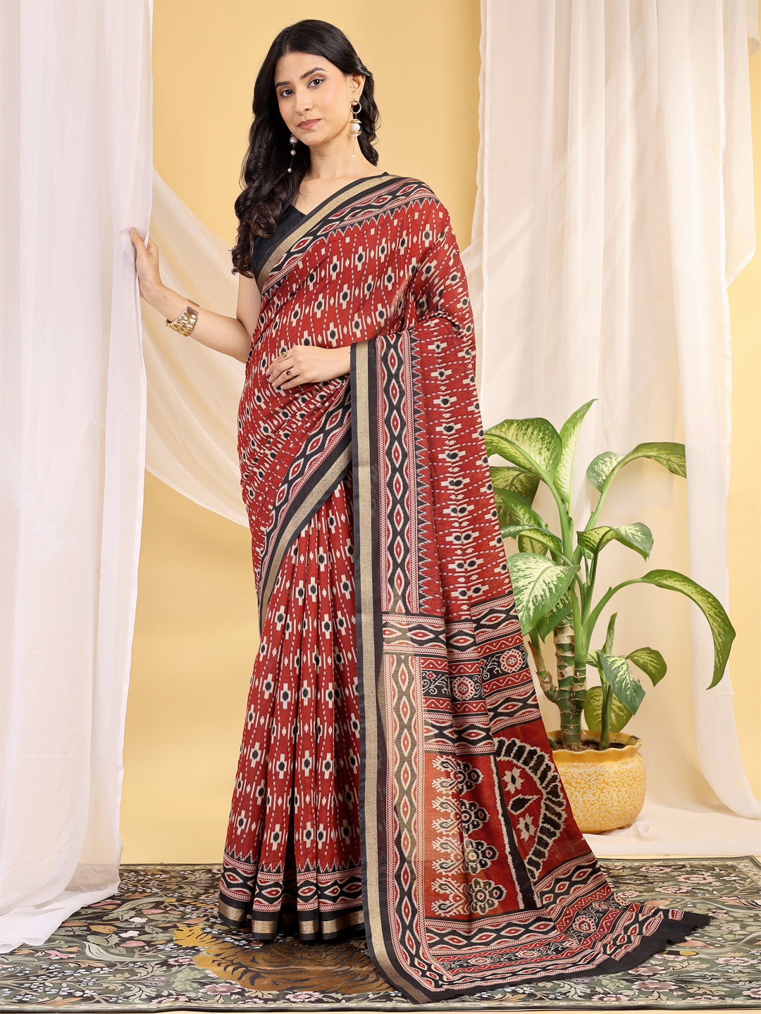 Chanderi Silk Ethnic Motif Brick Red Saree