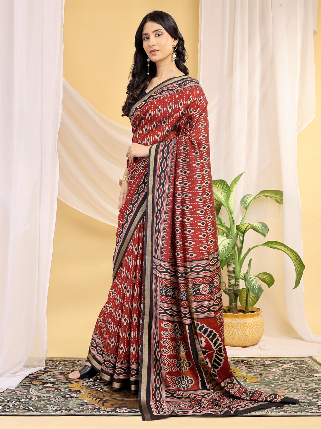 Chanderi Silk Ethnic Motif Brick Red Saree