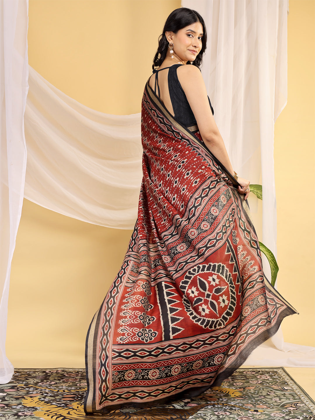 Chanderi Silk Ethnic Motif Brick Red Saree