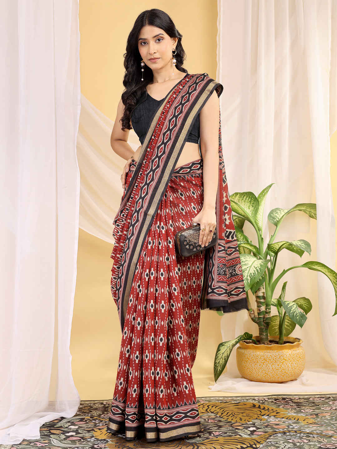 Chanderi Silk Ethnic Motif Brick Red Saree