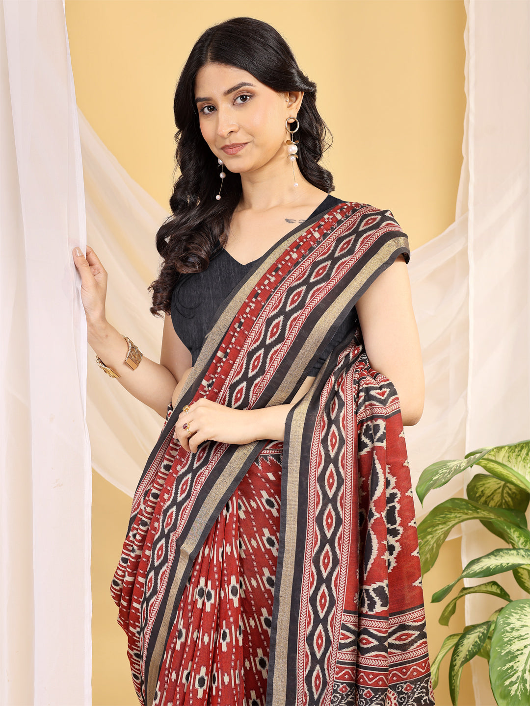 Chanderi Silk Ethnic Motif Brick Red Saree