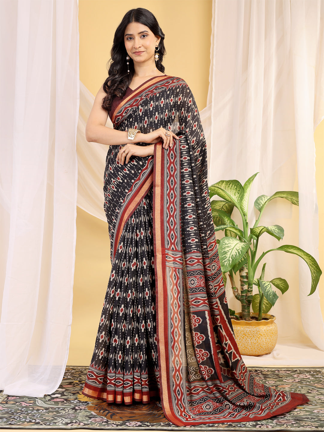 Chanderi Silk Ethnic Motif Fusion Black Saree