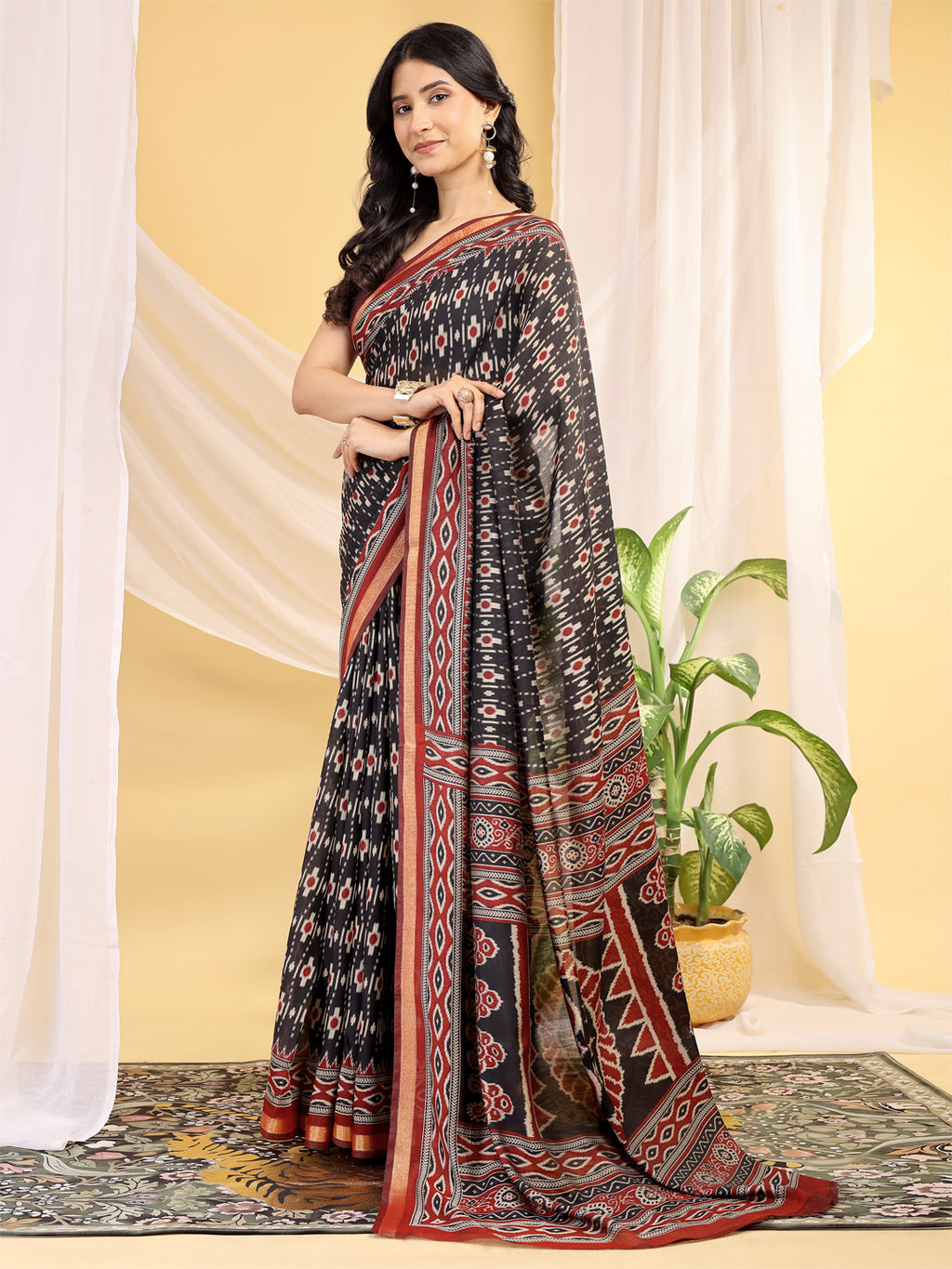 Chanderi Silk Ethnic Motif Fusion Black Saree