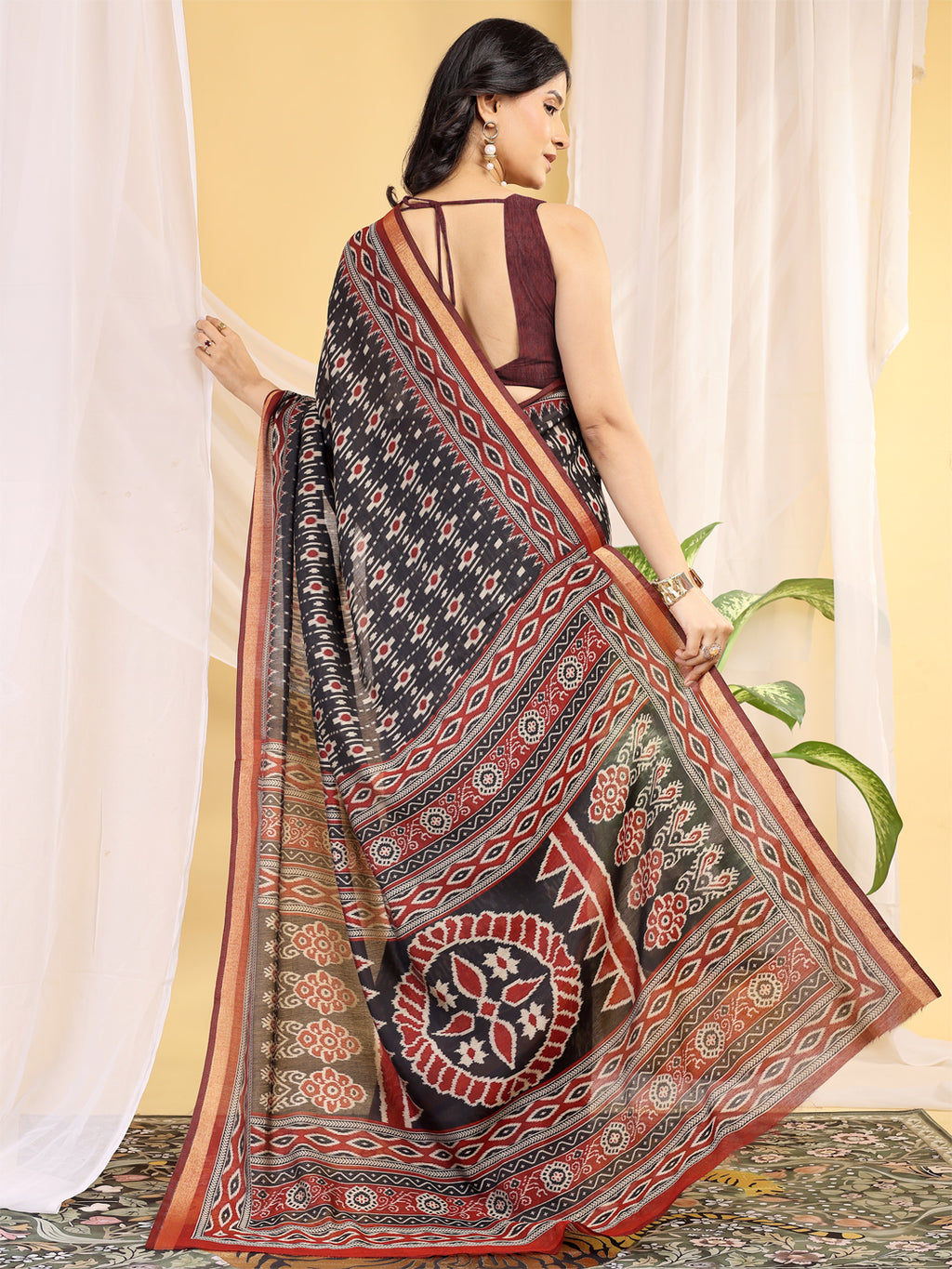 Chanderi Silk Ethnic Motif Fusion Black Saree
