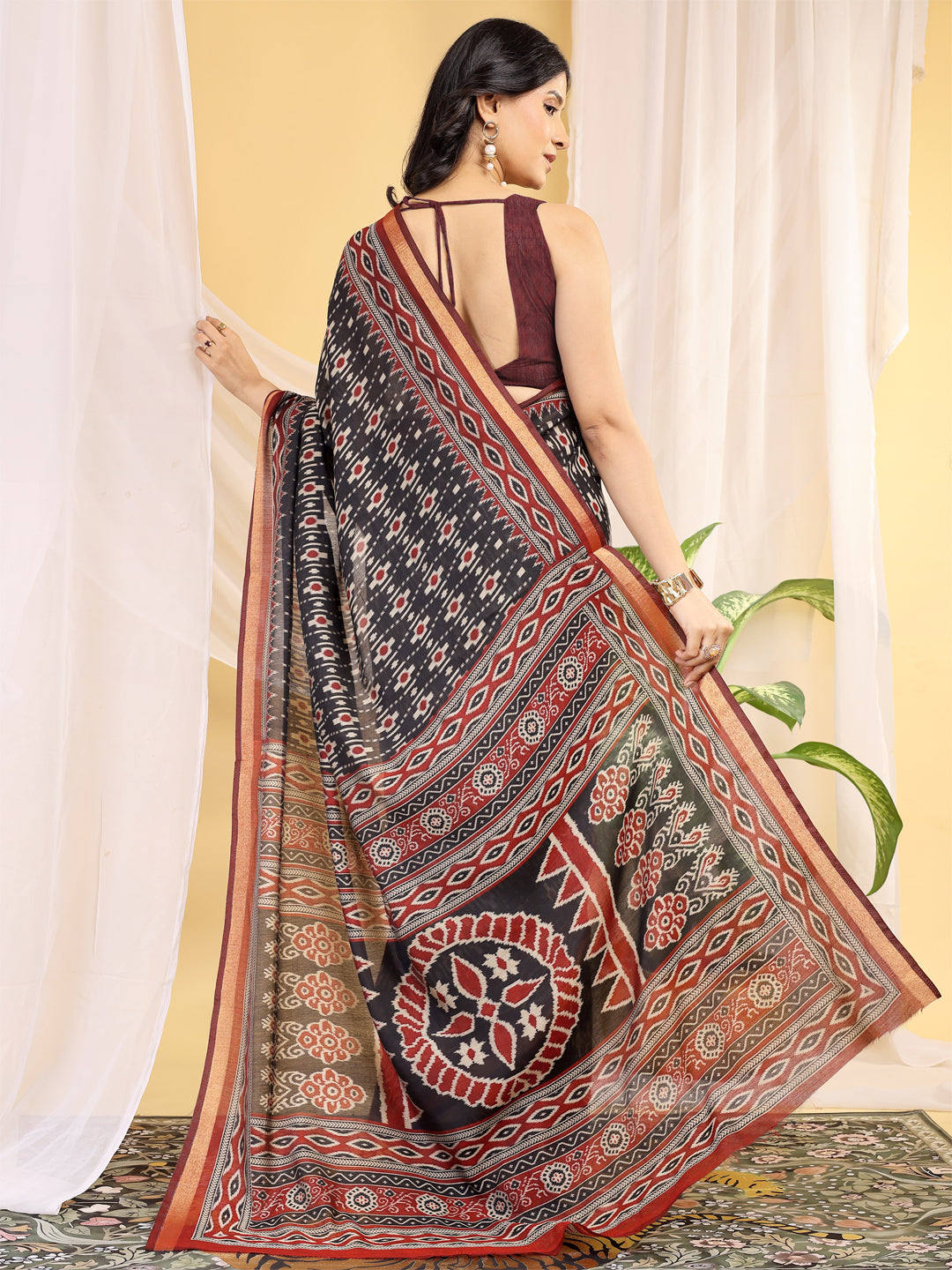 Chanderi Silk Ethnic Motif Fusion Black Saree