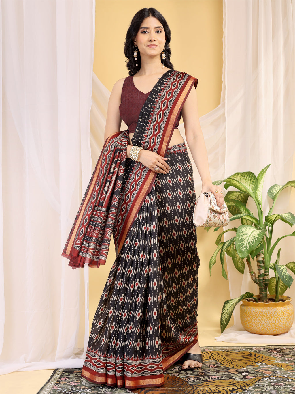Chanderi Silk Ethnic Motif Fusion Black Saree