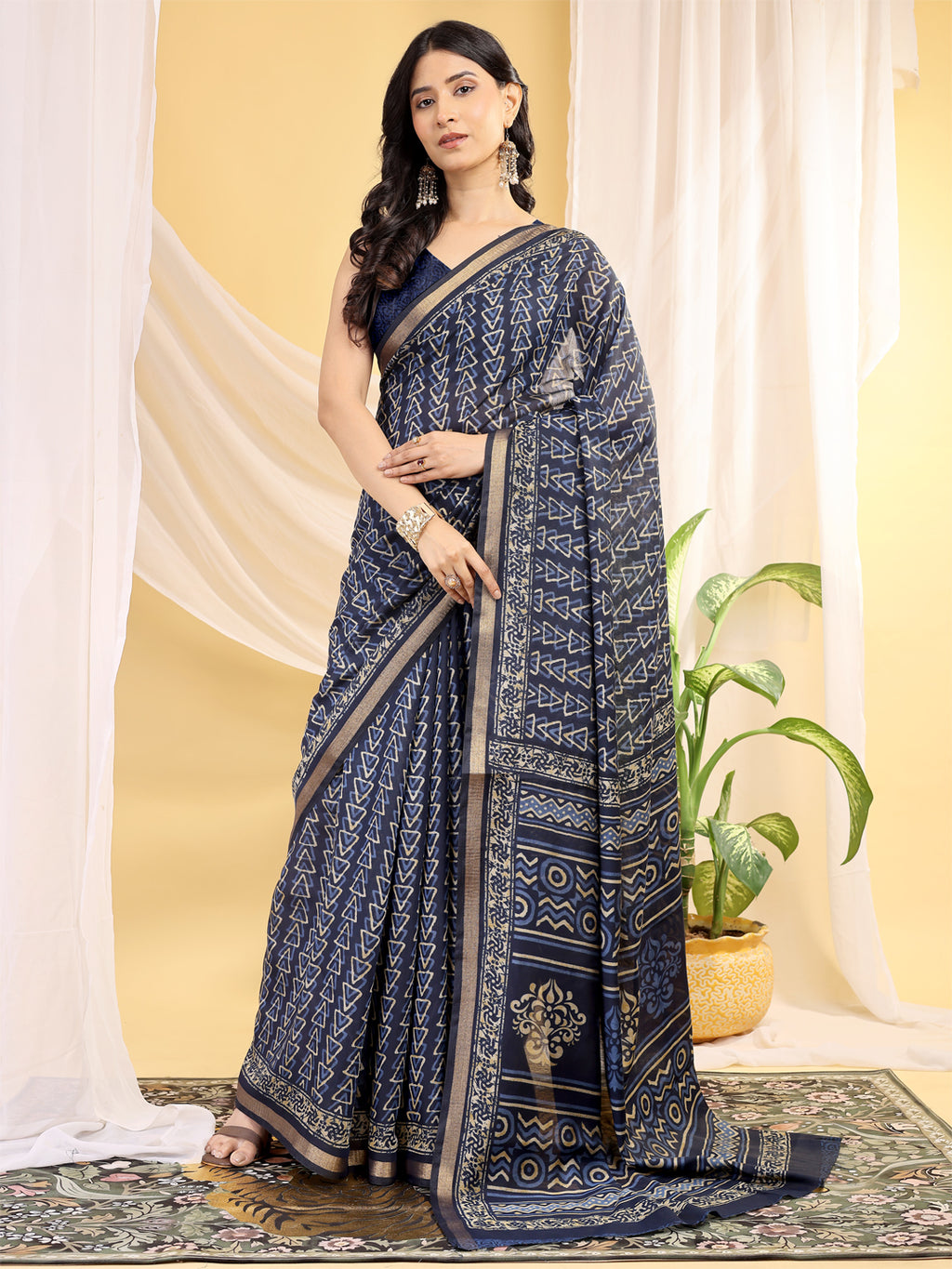 Chanderi Silk Geometric Royal Indigo Saree