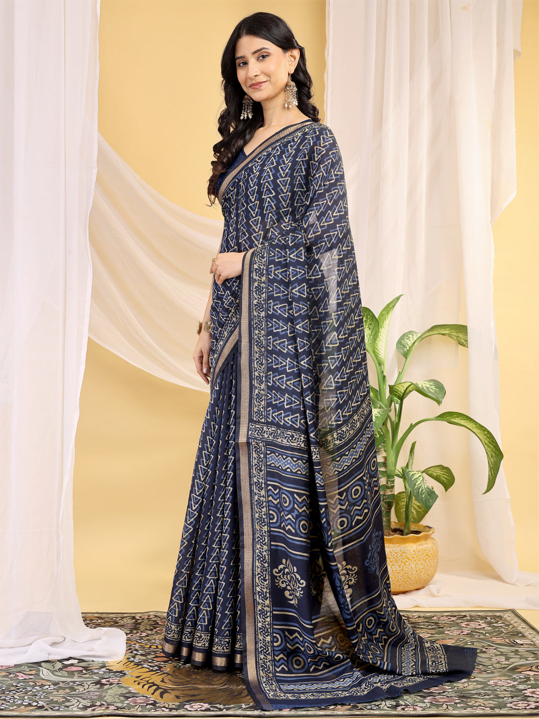 Chanderi Silk Geometric Royal Indigo Saree