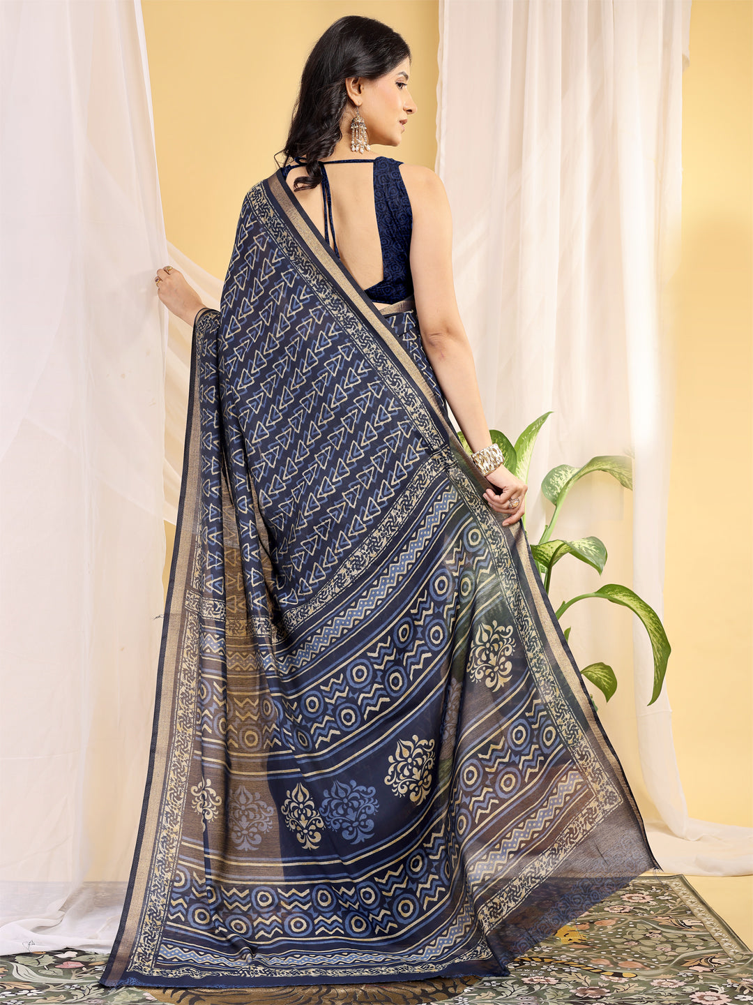 Chanderi Silk Geometric Royal Indigo Saree