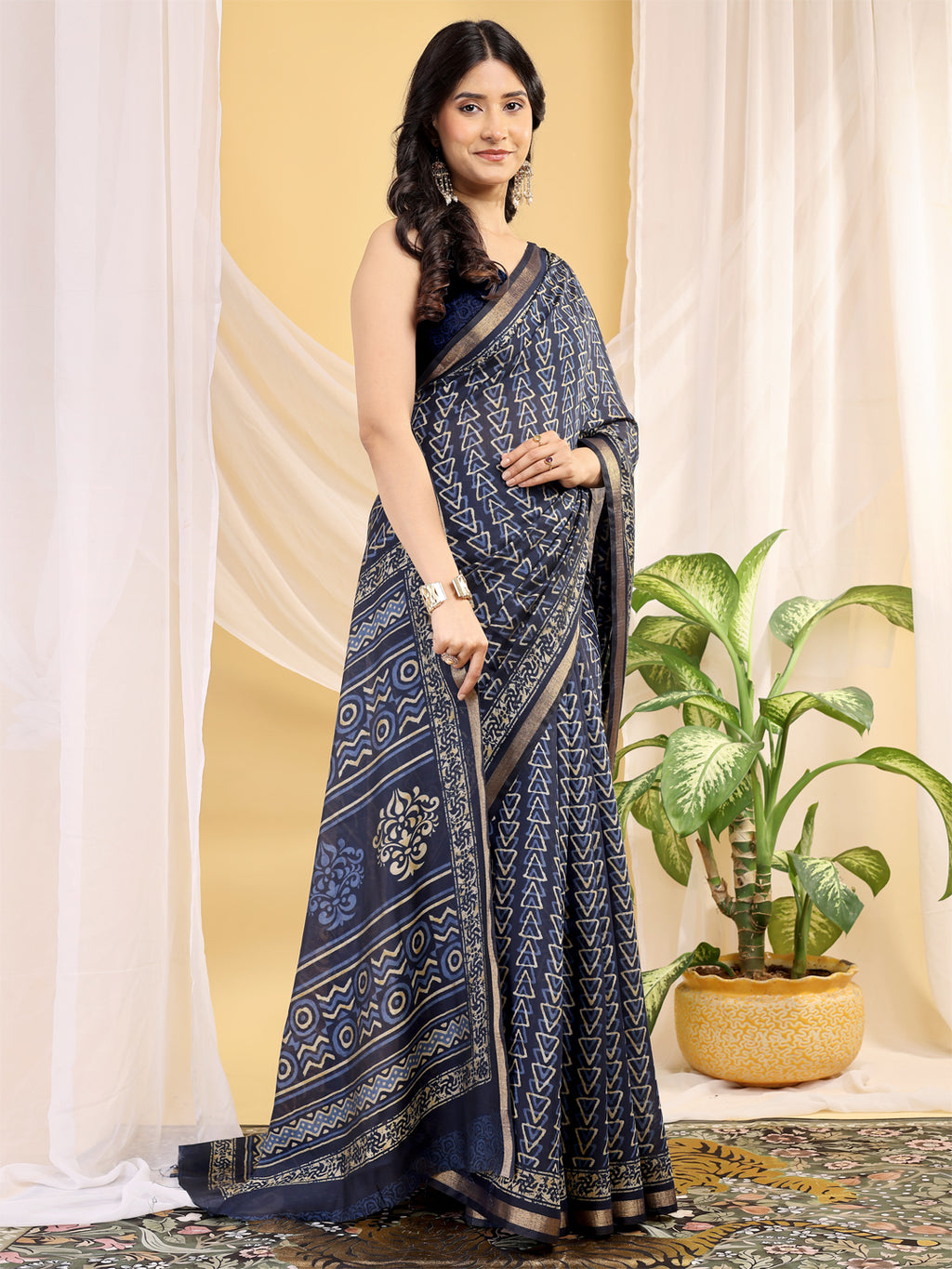 Chanderi Silk Geometric Royal Indigo Saree