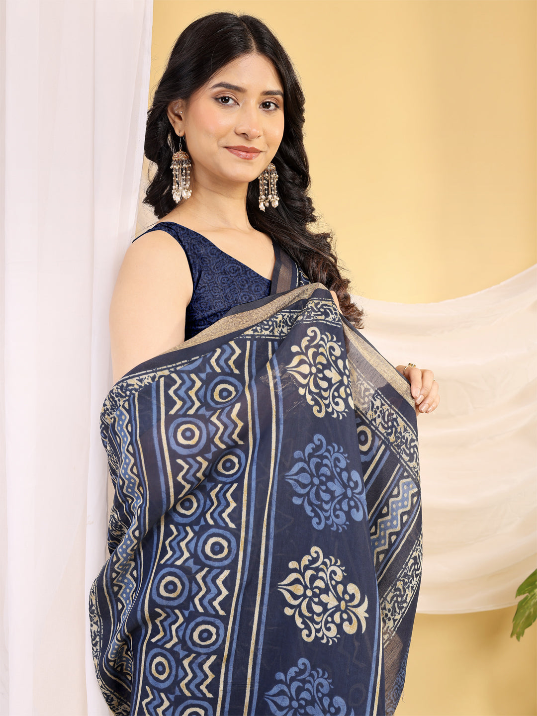 Chanderi Silk Geometric Royal Indigo Saree