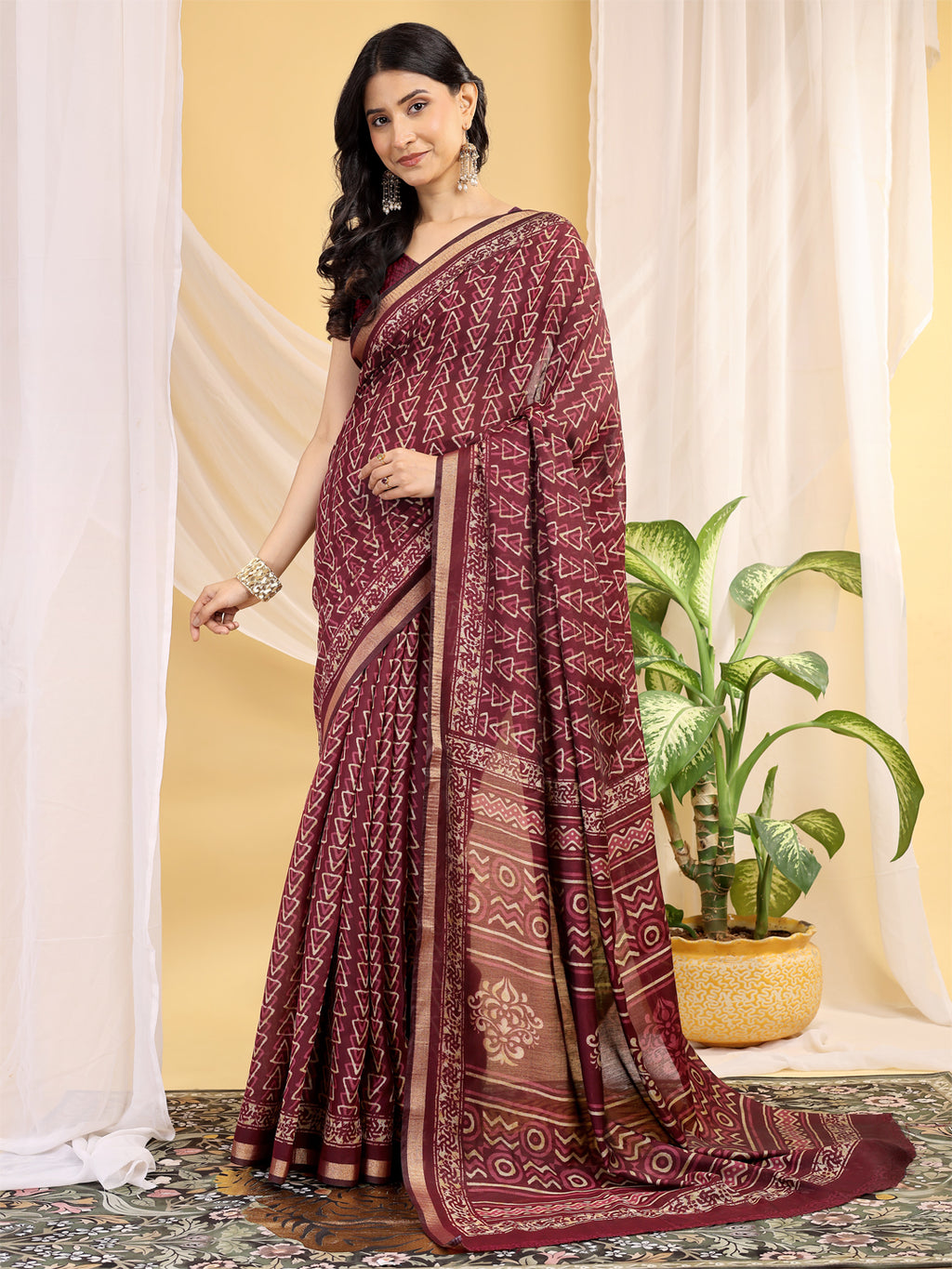 Chanderi Silk Geometric Rustic Vermilion Saree