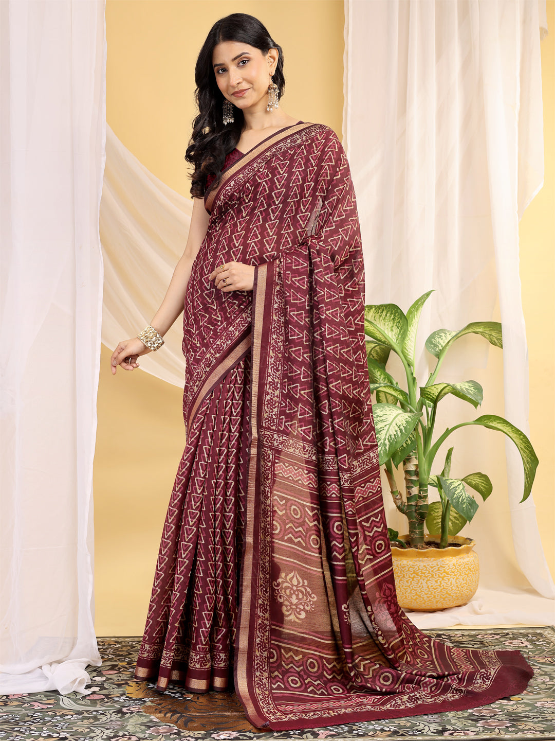 Chanderi Silk Geometric Rustic Vermilion Saree