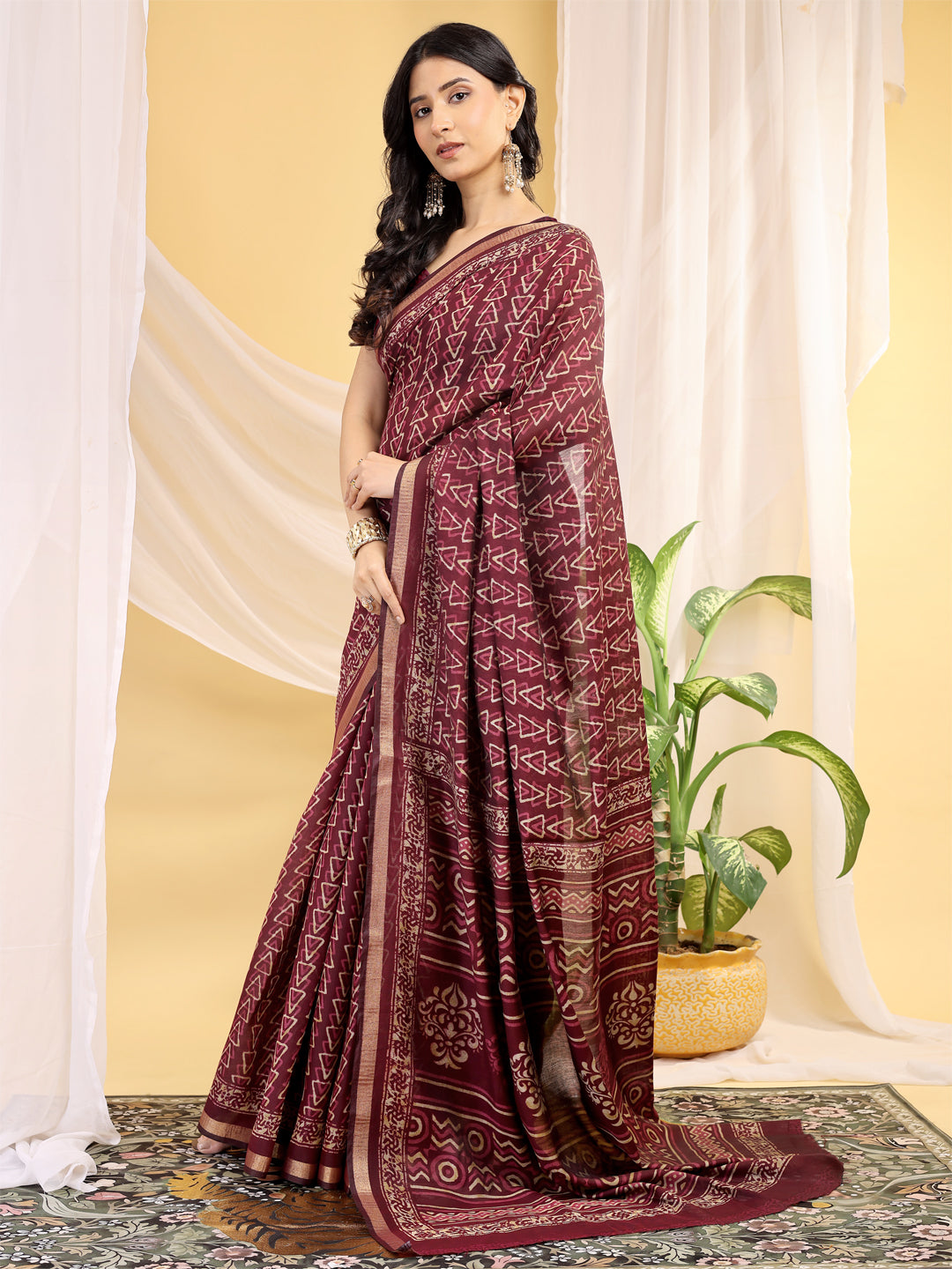 Chanderi Silk Geometric Rustic Vermilion Saree