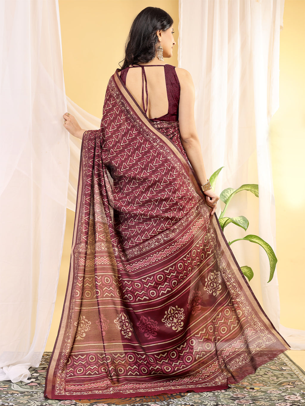 Chanderi Silk Geometric Rustic Vermilion Saree