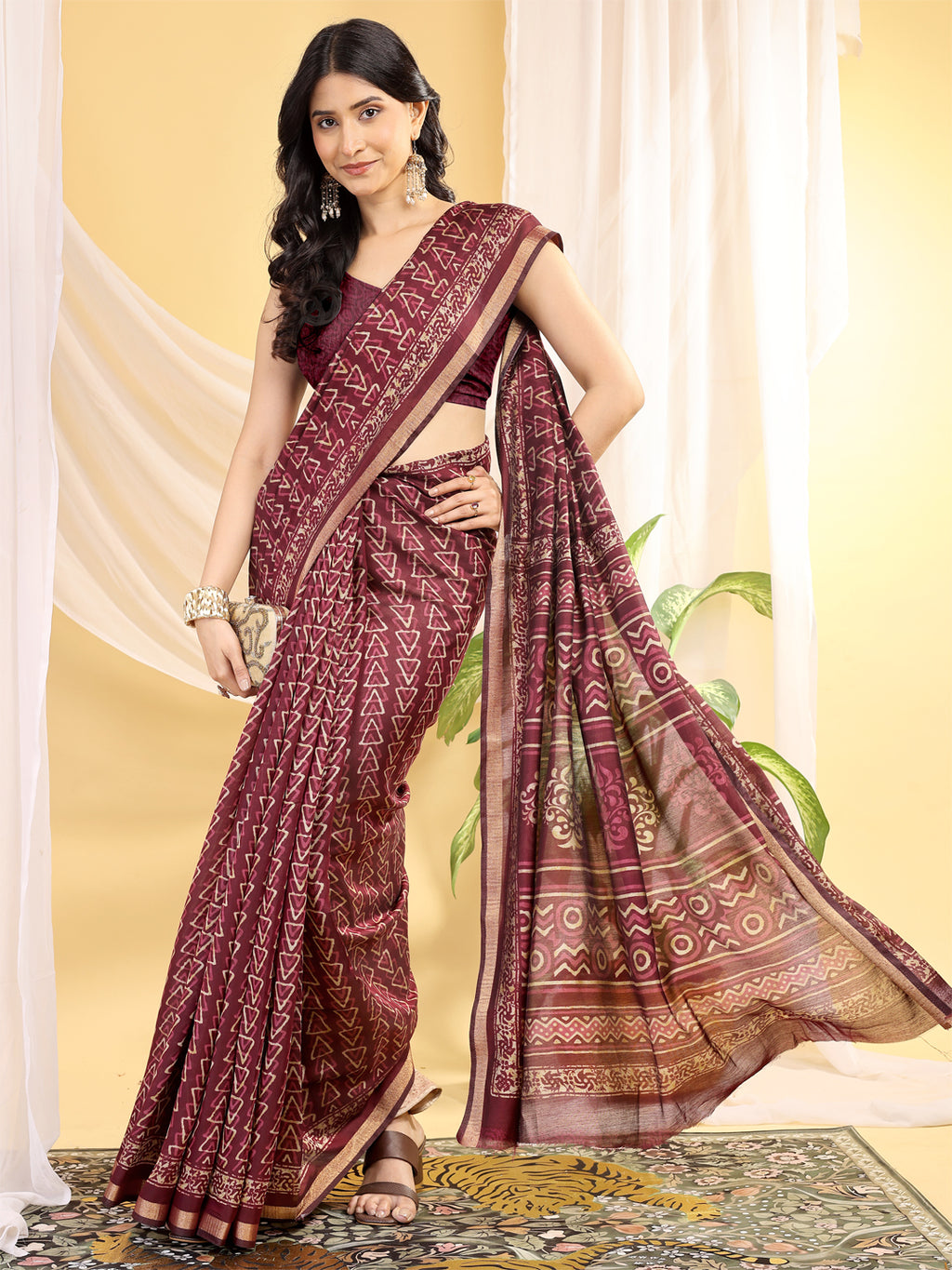 Chanderi Silk Geometric Rustic Vermilion Saree
