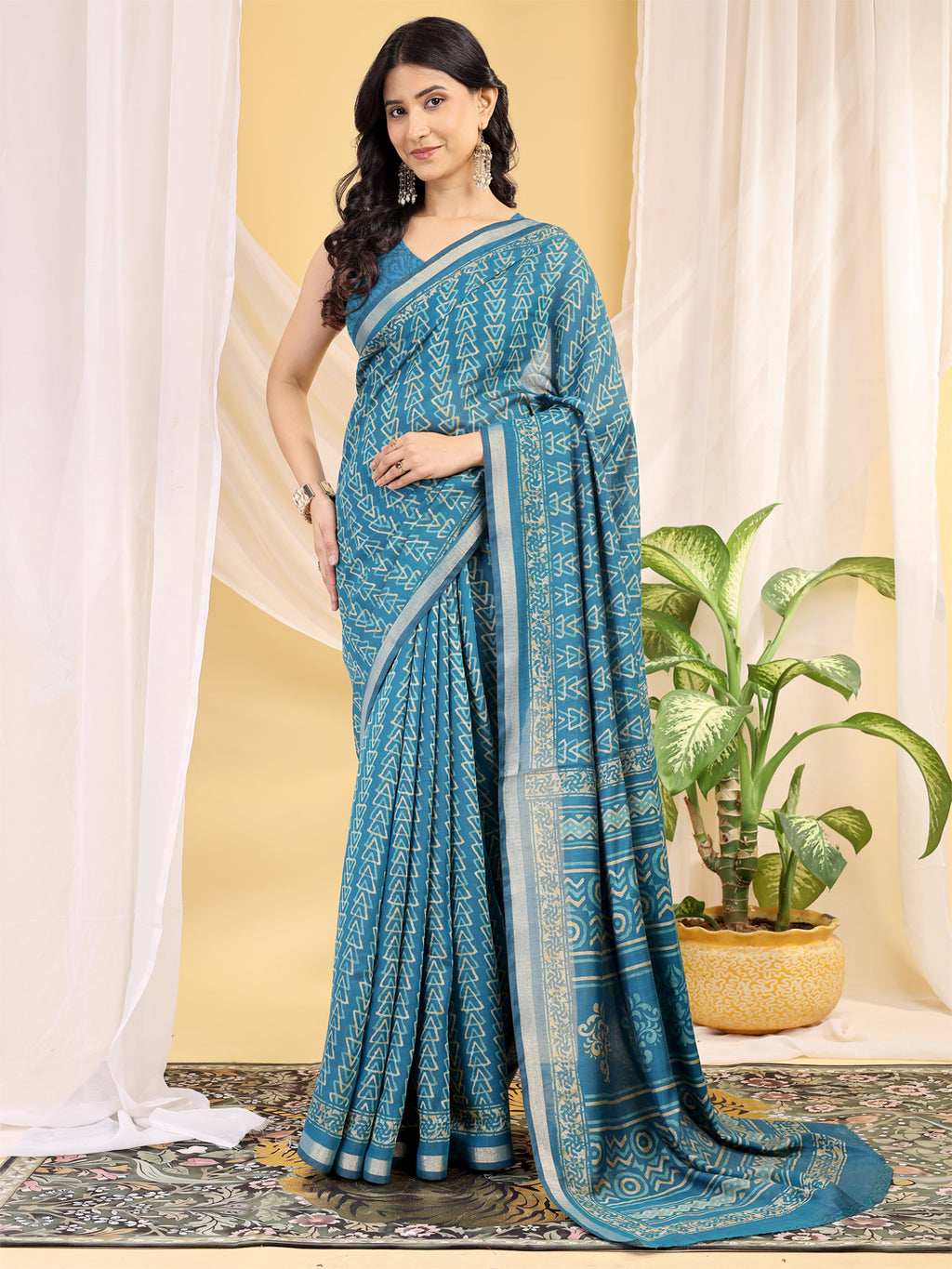 Chanderi Silk Geometric Peacock Teal Saree
