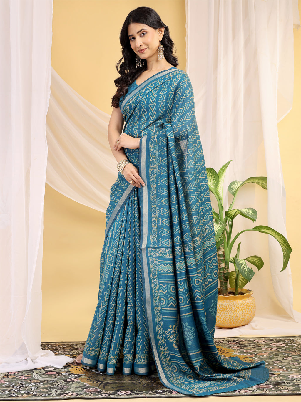 Chanderi Silk Geometric Peacock Teal Saree