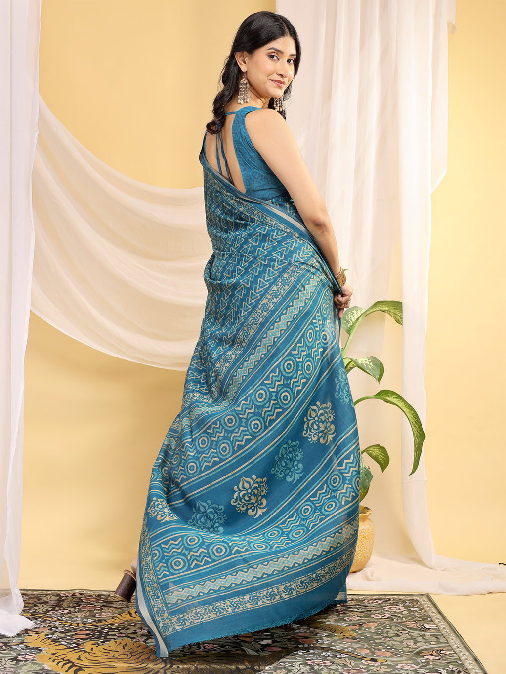 Chanderi Silk Geometric Peacock Teal Saree