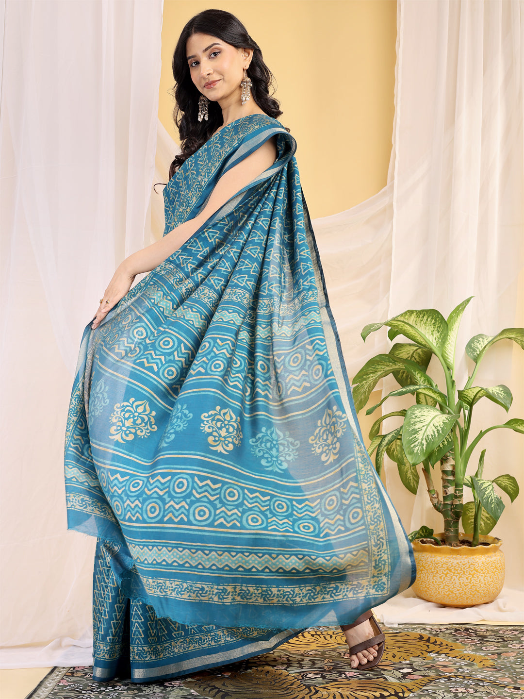Chanderi Silk Geometric Peacock Teal Saree