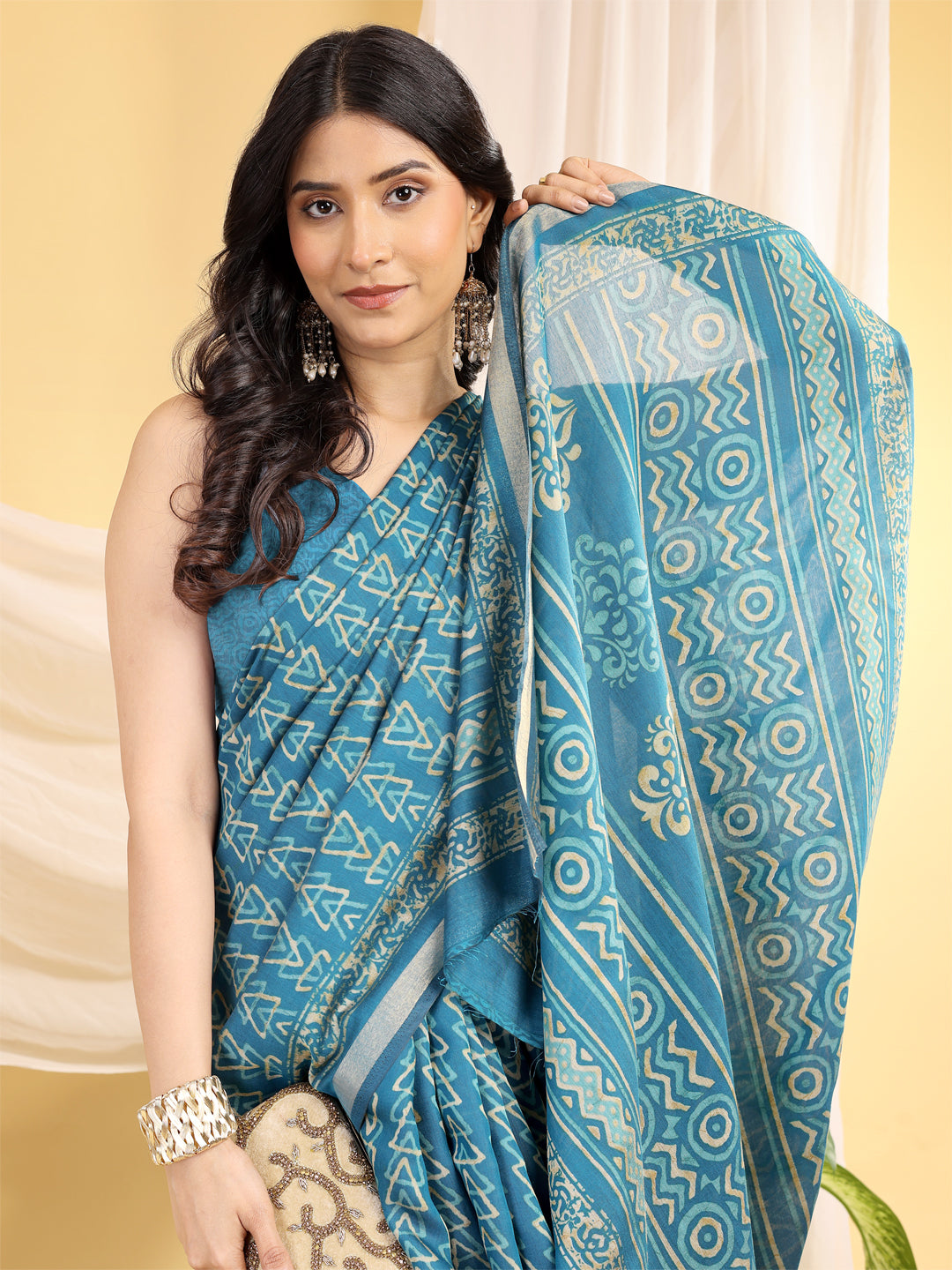 Chanderi Silk Geometric Peacock Teal Saree