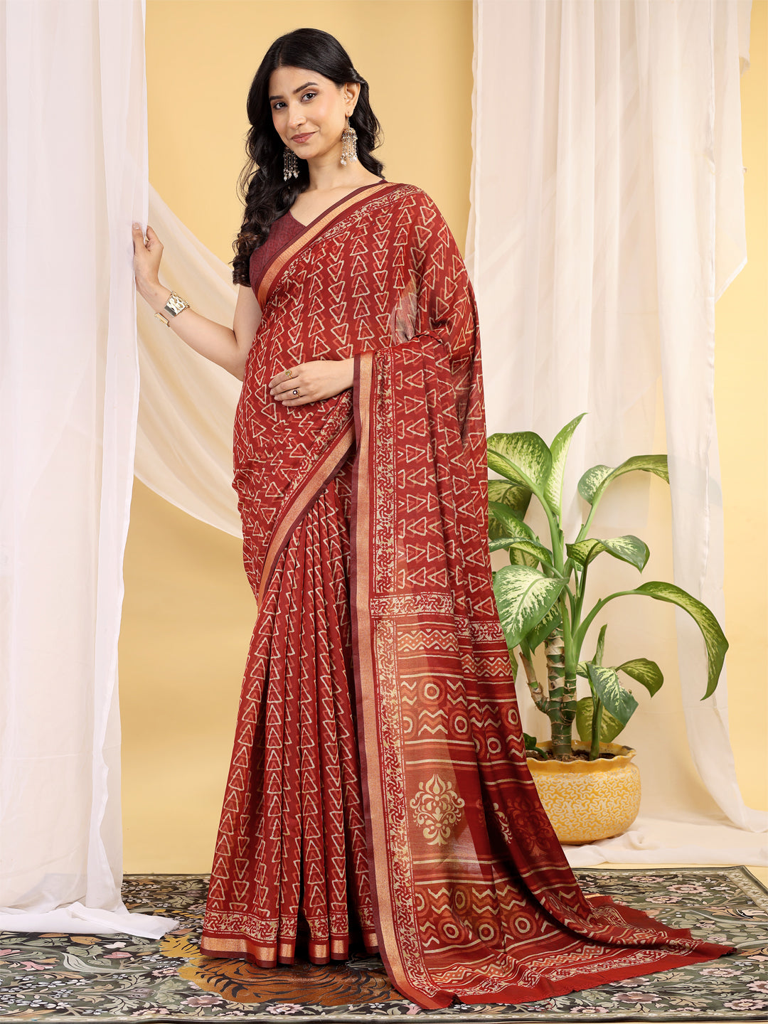 Chanderi Silk Geometric Vintage Wine Saree