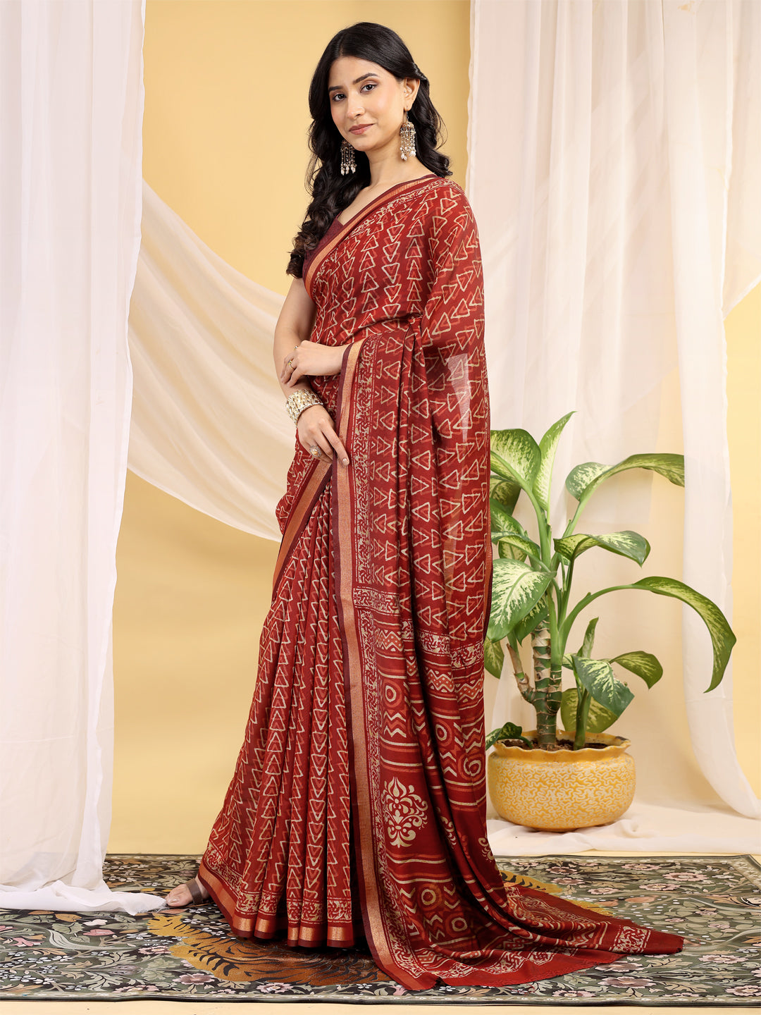 Chanderi Silk Geometric Vintage Wine Saree