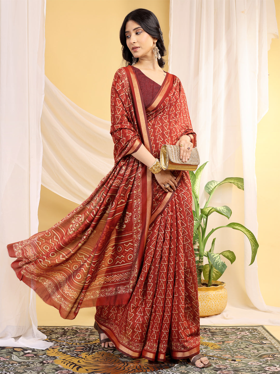 Chanderi Silk Geometric Vintage Wine Saree