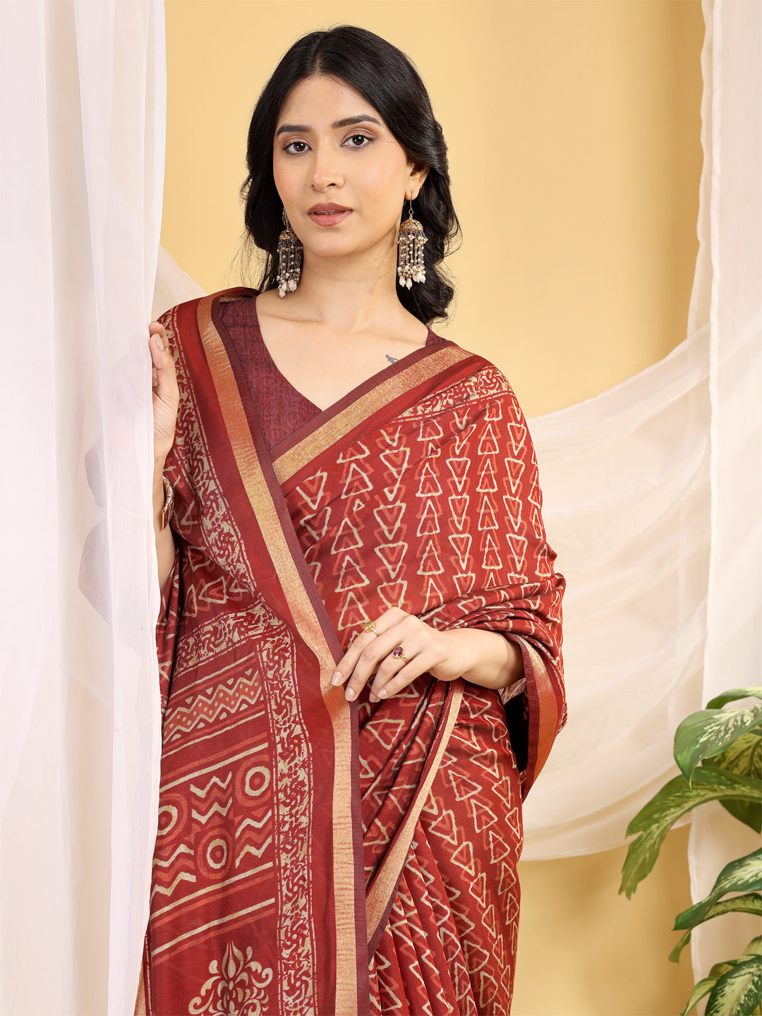 Chanderi Silk Geometric Vintage Wine Saree