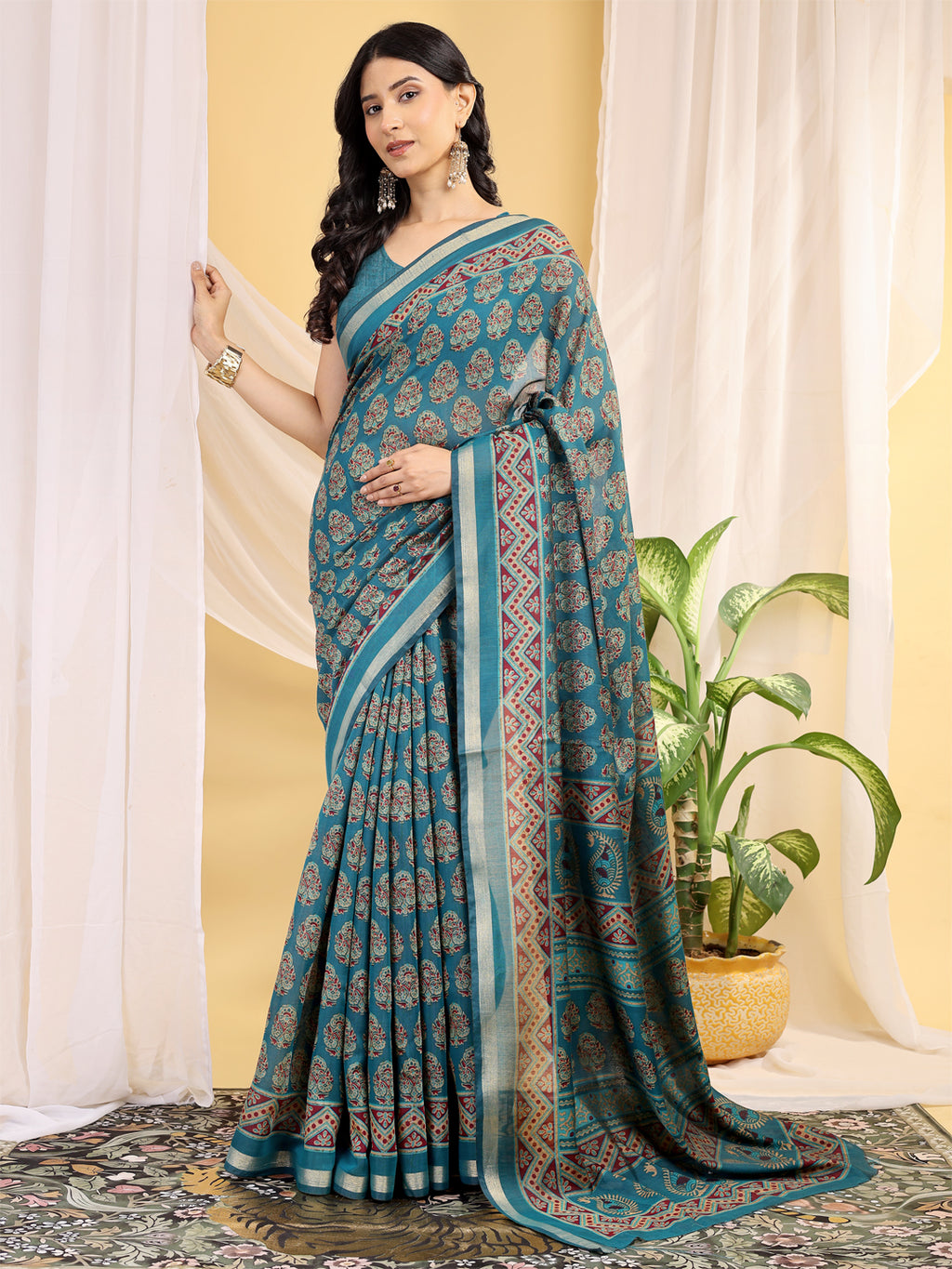 Chanderi Silk Artistic Motif Peacock Blue Saree